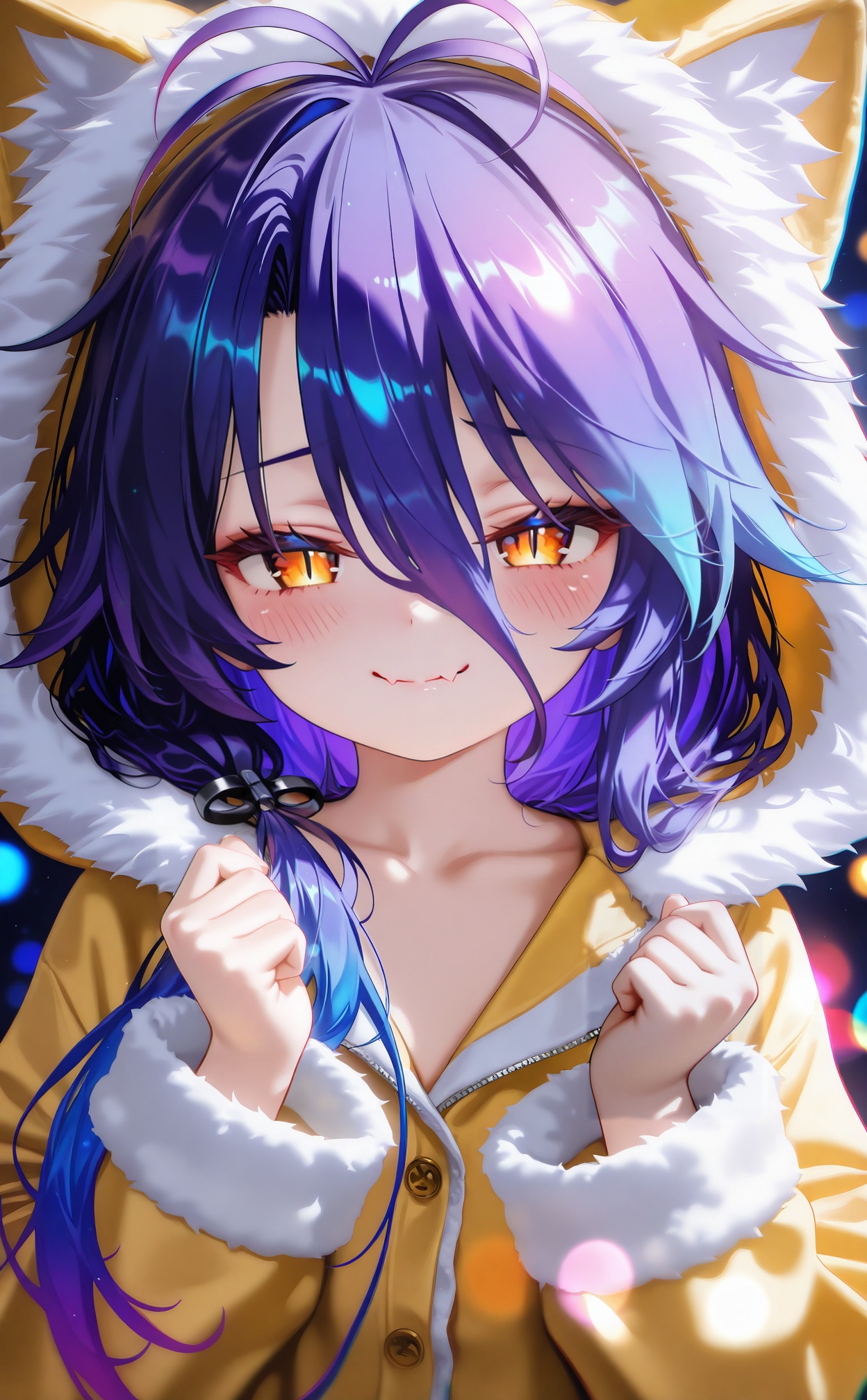 masterpiece,absurdres,best quality,high quality,chromatic_aberration,loli,petite,//,1girl,purple hair,solo,hair between eyes,long sleeves,hood,hood up,long hair,looking at viewer,hands up,closed mouth,blush,yellow eyes,multicolored hair,upper body,smile,pajamas,gradient hair,fur-trimmed sleeves,animal hood,fur trim,antenna hair,clenched hands,skin fangs,skin fang,slit pupils,hoodie,orange eyes,collarbone,blue hair,yellow hoodie,fangs,red hair,fang,blurry,jacket,//,highres,HDR,8K,high contrast,illustration,depth of field,(colorful),Tyndall effect,contrast,lens flare,//,//,<lora:nyalia——【CKXL测试】hans:1>,