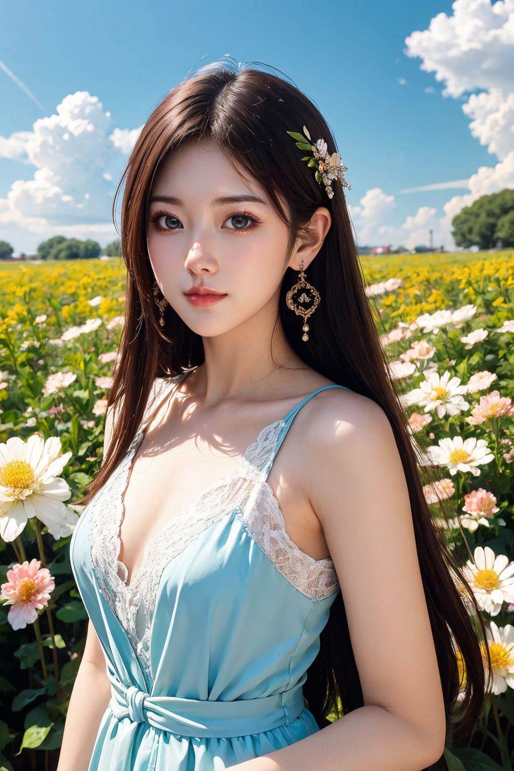 1girl, solo, long hair, dress, earrings, sky, flower, closed mouth, looking at viewer, upper body,