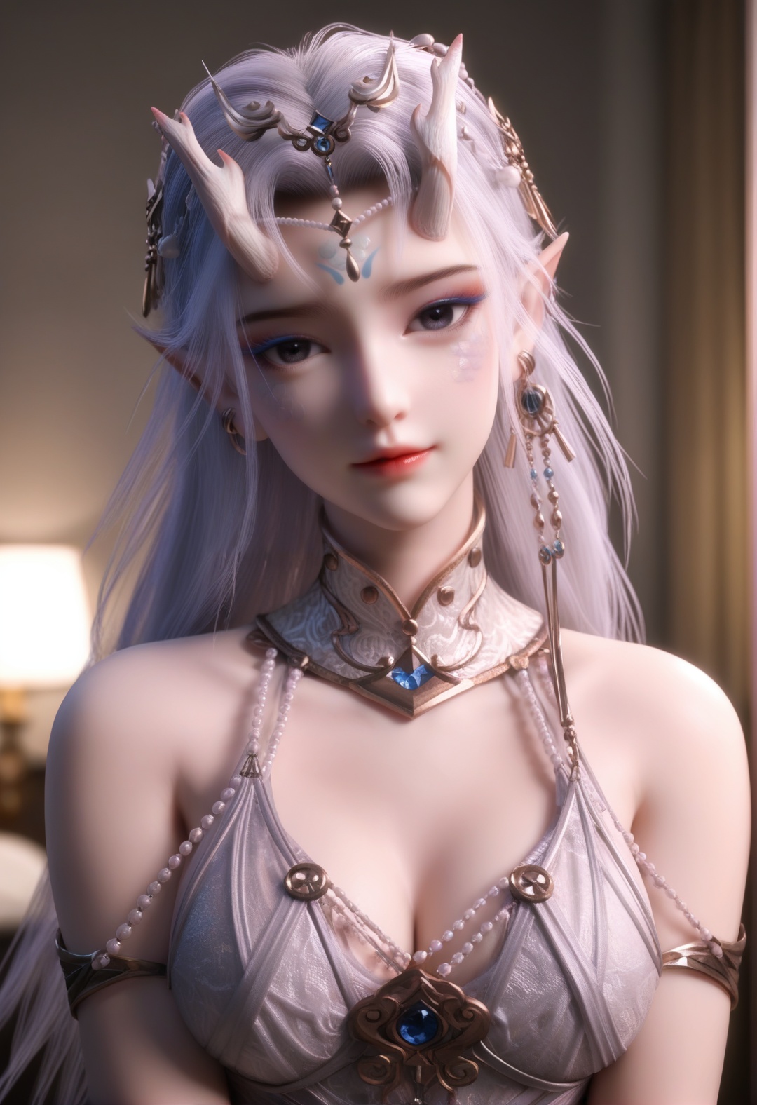 supermodel,score_8_up,score_7_up,(hyperdetailed:1),masterpiece,best quality,amazing quality,high resolution,ultra-detailed,absurdres,(looking at viewer:1.1),upper body,(Dark room:1.3),(moody lighting:1.1),(large breasts:0.8),1girl,long hair,makeup,BREAKcollarbone,bare shoulders,sheer collar,jewelry,hair ornament,dangling earrings,forehead decoration BREAK photorealistic details,facepalm,shy,blush,<lora:封念云:0.8>,kneeling,curtains,lips,bedroom,bra,head tilt,forehead,smile,black eyes,thighs,parted bangs,