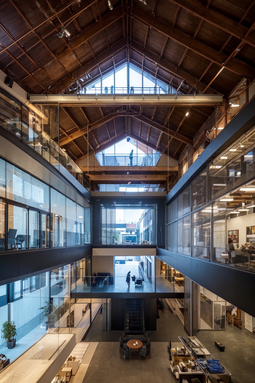 <lora:6602_8763_10140@f725fb3481:1>,factory renovation,art museum,furniture display,postmodern style,minimalism,white long upper shan,leisure space,artistic sense,commercial,interlayer,there is office space available,da tiaokong,steel structure roof,second floor,skylight,pointed roof,