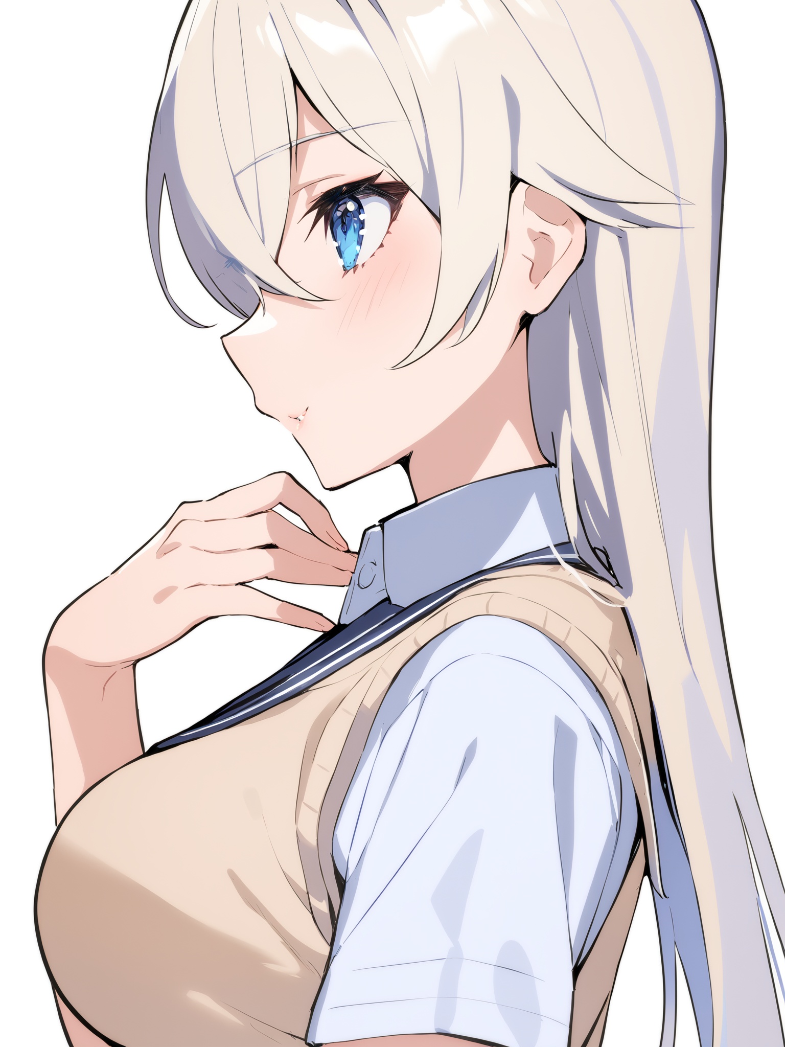 sailulu  style,1girl, solo, long hair, blue eyes, white background, shirt, simple background, sweater vest, short sleeves, upper body, white shirt, blush, from side, hair between eyes, profile, hand on own chest, eyebrows visible through hair, school uniform, breasts, collared shirt, bangs, closed mouth, vest, silver hair, blonde hair, medium breasts, parted lips, masterpiece, best quality,