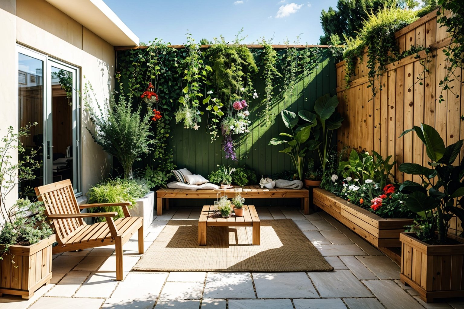 Garden, courtyard, warm, courtyard design, green plants, leisure chair, sun room, vegetable plot, plant wall