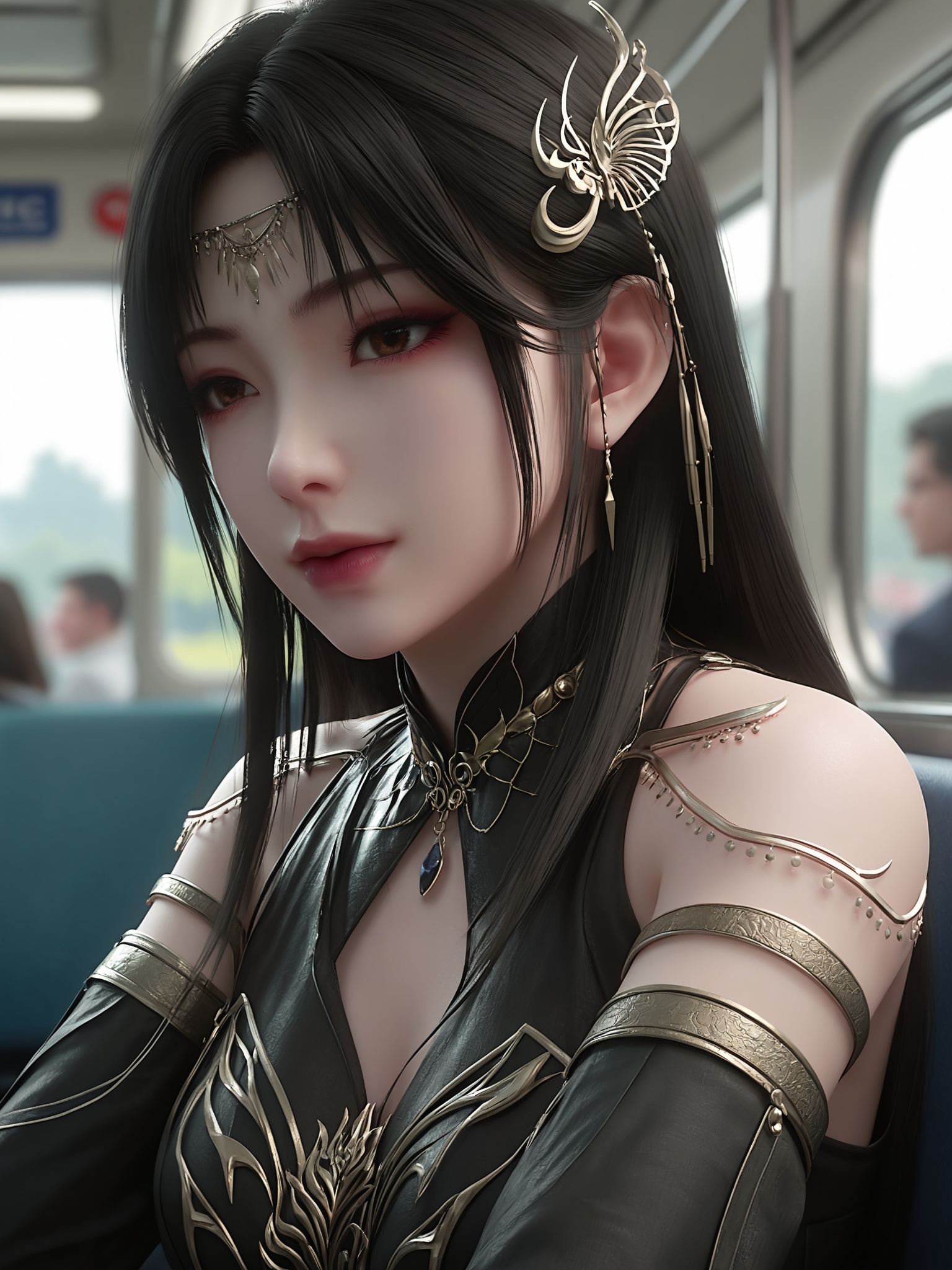 solo,1girl,fsolo focus,(perfect_anatomy:1.1),(upper_body:1.2),(portrait:1.1),sitting,(train_interior:1.1),(blurry_background:1.2),score_9,<lora:灰烬殿主Pony-完美世界:0.7>,1girl,black hair,dark and regal,with intricate,ornate designs on her bodice and sleeves,