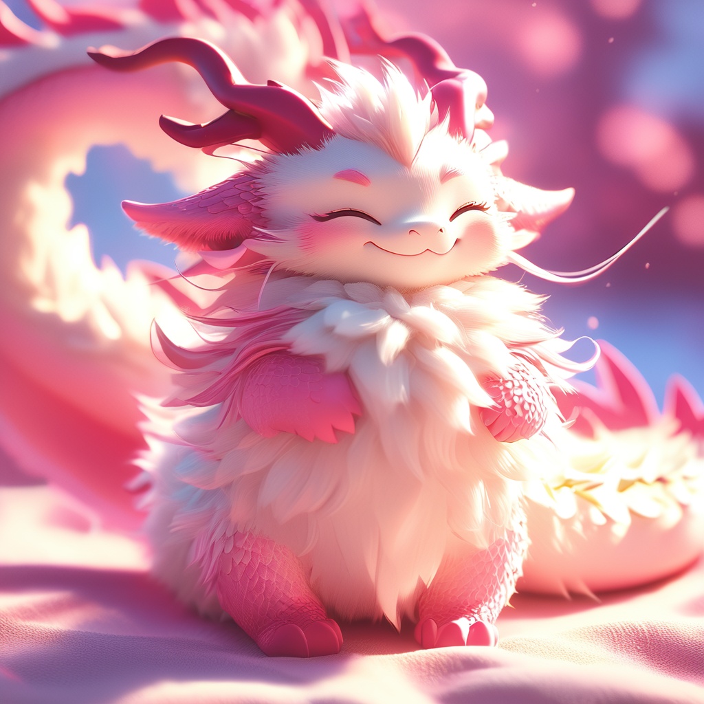 dragon boy, dragon, soft lighting, white fur, whimsy and dramatic lighting, warm colors, mf-movie-filter, cc-color-correction, cute, whiskers, light particles, sunlight, dragon focus, fluffy, horns, no humans, closed eyes, solo, smile, blurry background, blurry, closed mouth, full body,<lora:furry_dragon_baby_xl:0.8>