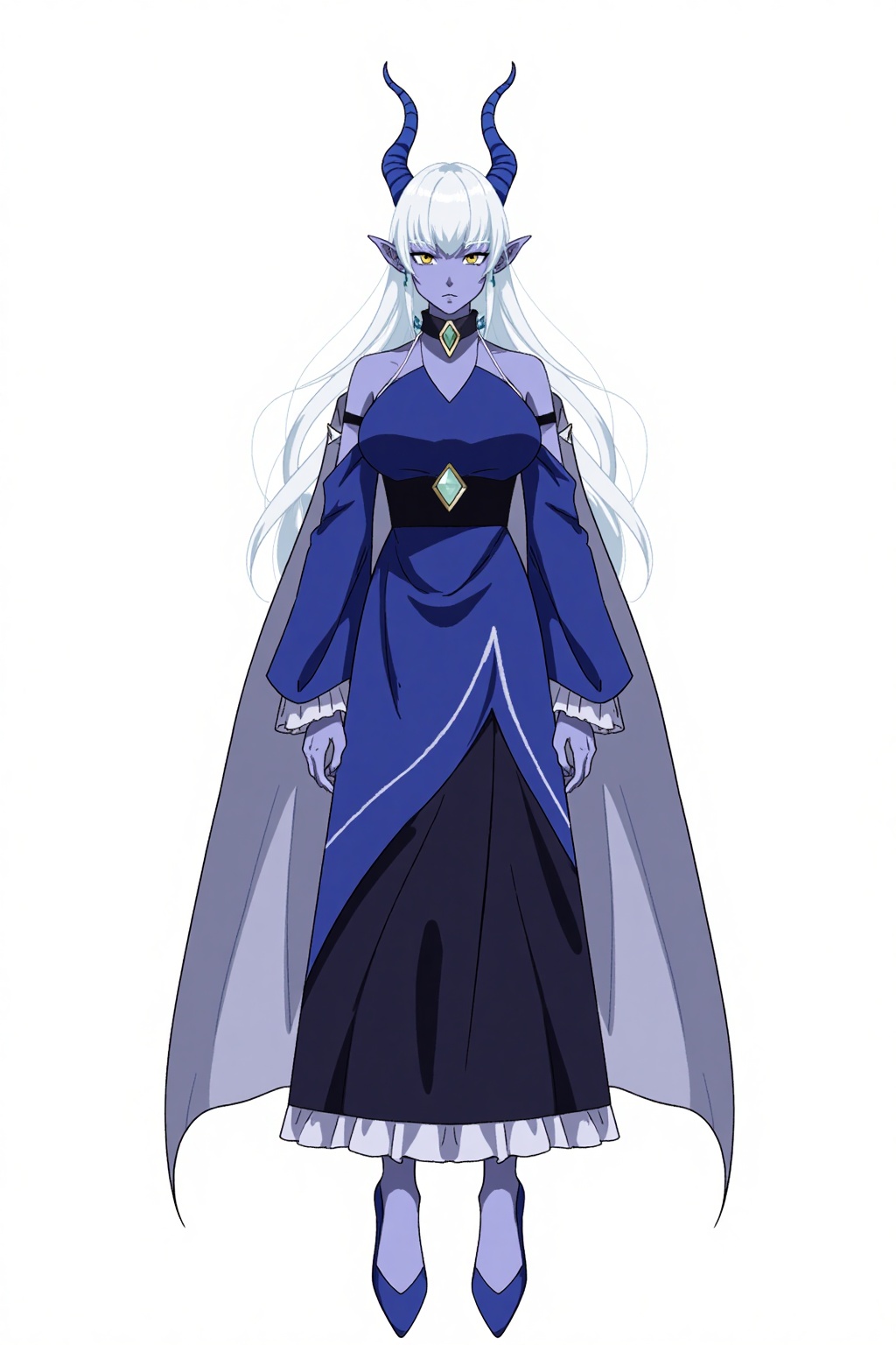 HEZI,Character Design,animation art,quadratic,bright colors,1girl,solo,breasts,horns,high heels,dress,white background,long hair,jewelry,colored skin,simple background,colored sclera,full body,earrings,white hair,large breasts,black sclera,looking at viewer,cleavage,closed mouth,pointy ears,standing,bangs,bare shoulders,hair between eyes,yellow eyes,blue skin,blue dress,long dress,black dress,detached sleeves,cape,demon girl,wide sleeves,white eyes,long sleeves,gem,blue horns,demon horns,blue footwear,