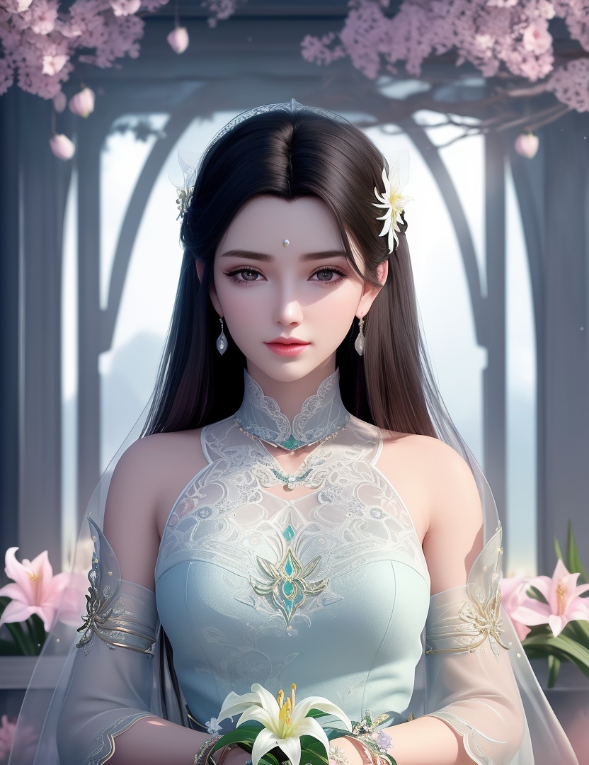 ultra realistic 8k cg, picture-perfect face, flawless, clean, masterpiece, professional artwork, famous artwork, cinematic lighting, cinematic bloom, perfect face, beautiful face, fantasy, dreamlike, unreal, science fiction,  beautiful clothes, lace, lace trim, lace-trimmed legwear,  (rich:1.4), prestige, luxury, jewelry, diamond, gold, pearl, gem, sapphire, ruby, emerald, intricate detail, delicate pattern, charming, alluring, seductive, erotic, enchanting, hair ornament, necklace, earrings, bracelet, armlet,halo((,1girl, pov,))(((,lily \(flower\),  1girl, spring_\(season\), solo,looking at viewer, ))) <lora:DA_XiaoXunEr:0.6>