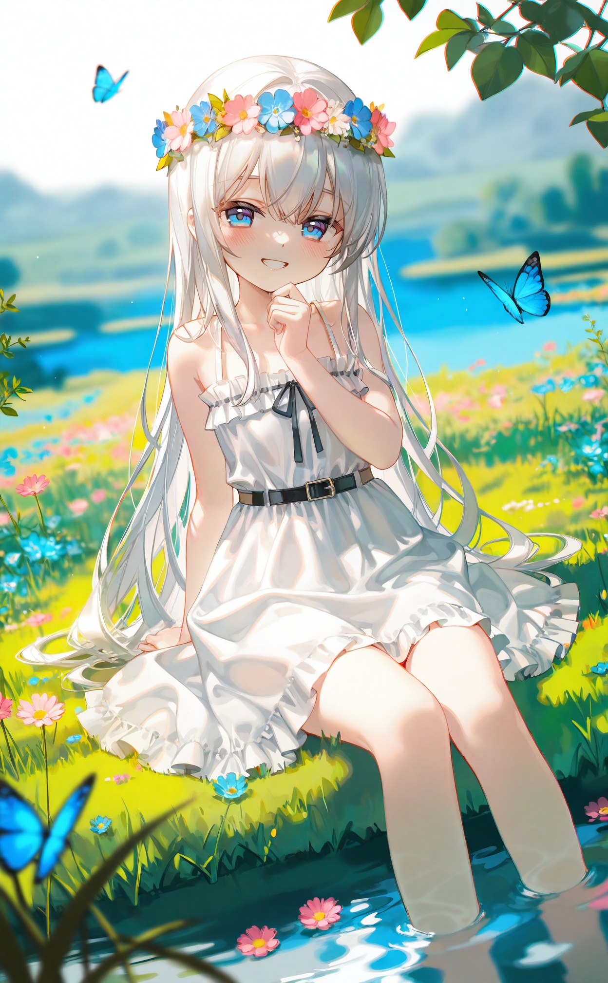 masterpiece,very aware,highres,absurdres,newest,best quality,petite,high quality,chromatic_aberration,cinematic_angle,dutch angle,child,petite,//,1girl,solo,butterfly,bug,smile,blue eyes,long hair,soaking feet,white hair,dress,blue butterfly,water,head wreath,white dress,sitting,grass,belt,looking at viewer,flower,outdoors,very long hair,blush,flower wreath,pink flower,grin,black belt,bare shoulders,hair between eyes,blue flower,on grass,frills,leaf,hand up,day,frilled dress,artist:ciloranko,