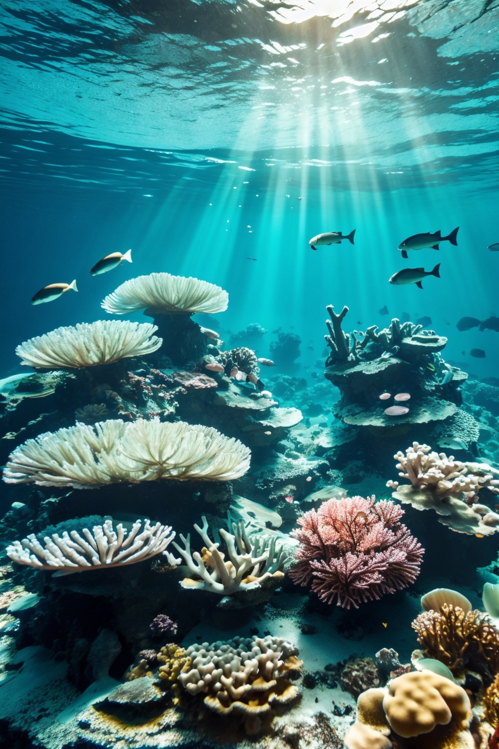 Landscape photography, a mesmerizing underwater scene where sunlight filters through the water's surface, illuminating a wooden chest resting on the seabed. Surrounding the chest are various marine life forms, including fish swimming in the clear blue waters, corals and seaweeds scattered around, and an underwater rock formation in the background. The chest, weathered and aged, seems to be the focal point of this underwater realm, hinting at a story of mystery and adventure, masterpiece,best quality,