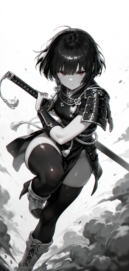 short hair, battoujutsu stance, fighting stance, katana,  boots, thighhighs, bracer,  1girl, white background, dust cloud, holding, holding sheath, holding sword, holding weapon, iaidou, ready to draw, sheath, sheathed, solo, spot color, sword, weapon, motion blur, portrait, perspective, vignetting, masterpiece, best quality, amazing quality, very awa, absurdres,