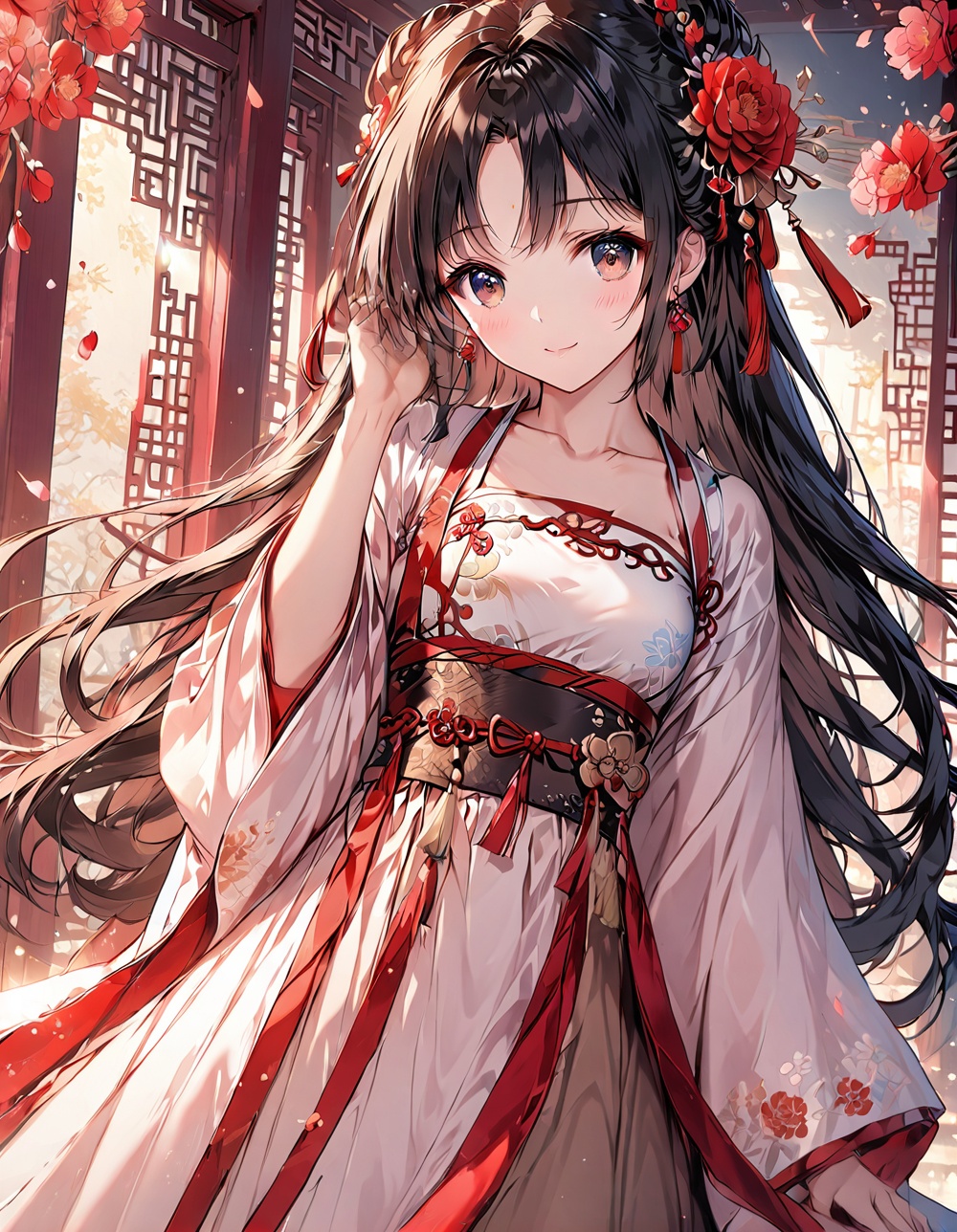 Hanfu,O,1girl, long hair, petals, solo, hair ornament, flower, hair flower, jewelry, earrings, dress, long sleeves, hanfu, wide sleeves, chinese clothes, lattice, architecture, looking at viewer, black hair, smile, sash, indoors, white dress, holding, window, very long hair, red eyes, standing, falling petals, red flower, closed mouth, day, tassel, bangs, collarbone, floating hair, shawl, rose, east asian architecture, ribbon, hand up, small breasts, brown eyes, breasts, red ribbon, parted bangs