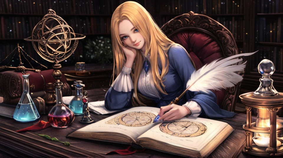 (best quality), ((masterpiece)), (highres), illustration, original, extremely detailed,yyy, 1girl, book, blonde hair, candle, long hair, solo, bookshelf, open book, bug, quill, flask, butterfly, table, potion, sitting, indoors, magic circle, cup, smile, blue eyes, chair