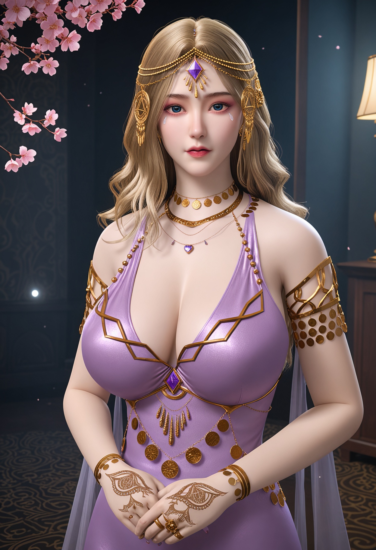 (gigantic breasts:0.8),(Perky boobs:1.3),(cowboy shot:1.2),(looking at viewer:1.1),facing viewer,direct gaze,(masterpiece:1.1),(best quality:1.2),(intricate details),(smog:1.3),(Dark room:1.3),(dim lighting:1.3),peach blossom,falling petals,<lora:YQ_Illustrious光辉v5_卡丹_V1:0.8>,1girl,q1528437228,solo,jewelry,blonde hair,long hair,necklace,armlet,gem,hair ornament,circlet,earrings,bracelet,brown hair,ring,head chain,high heels,masterpiece,(best quality),(intricate details:0.9) BREAK (intricate details:0.9),(realistic skin:1.2),masterpiece,best quality,newest,absurdres,hiahres,