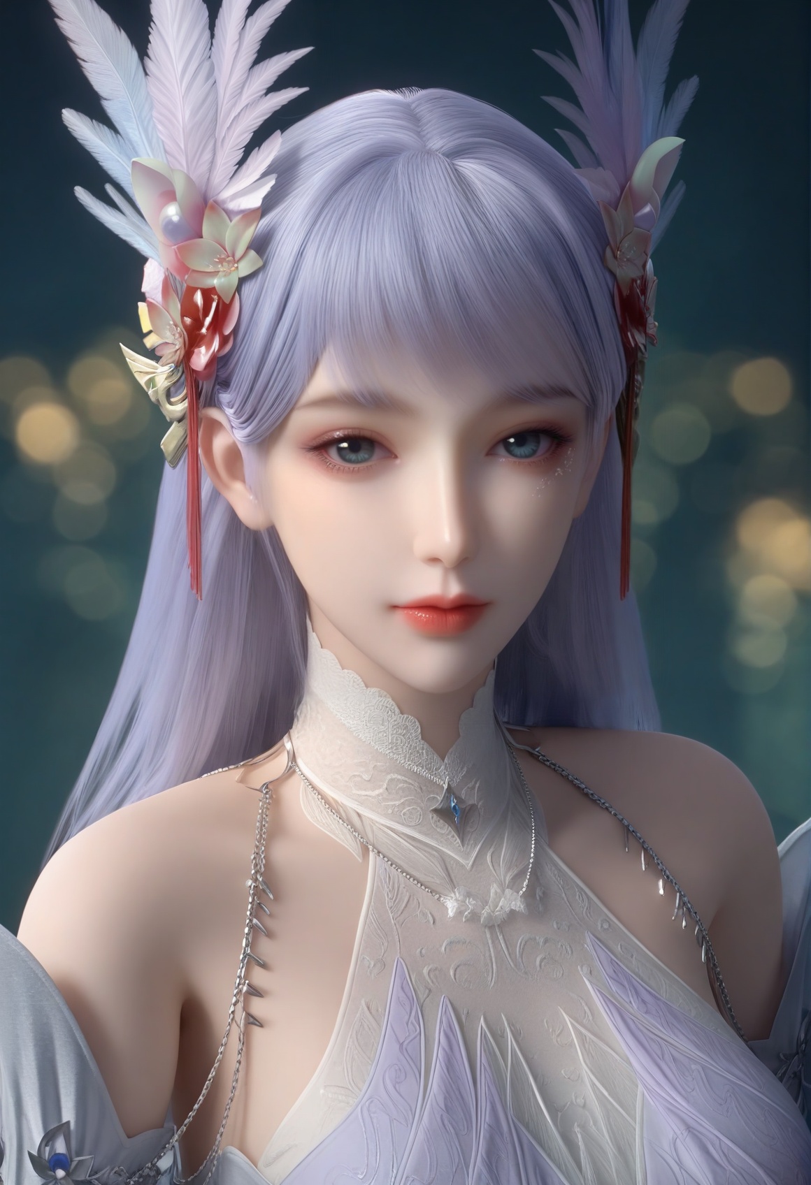 (score_9),<lora:林玥-apony:0.82>,lingziyue,long hair,feather hair ornament,hair ornament,hair flower,bangs,detached collar,jewelry,dress,detached sleeves,bare shoulders,green eyes,light blush,(looking at viewer),(front view),(upper body),1girl,solo,<lora:Expressive_H-000001:0.8>,collarbone,(glamor:1.2),(mature_female),(double_v:1.3),(white_skin),(fair_skin:1.1),<lora:e肤色滑块:0.35>,ultra-detailed skin texture,detailed textures,BREAKsimple background,(black background),ultra-detailed skin texture,detailed textures,4K ultra HD,sharp focus,high detail,natural lighting,high contrast,