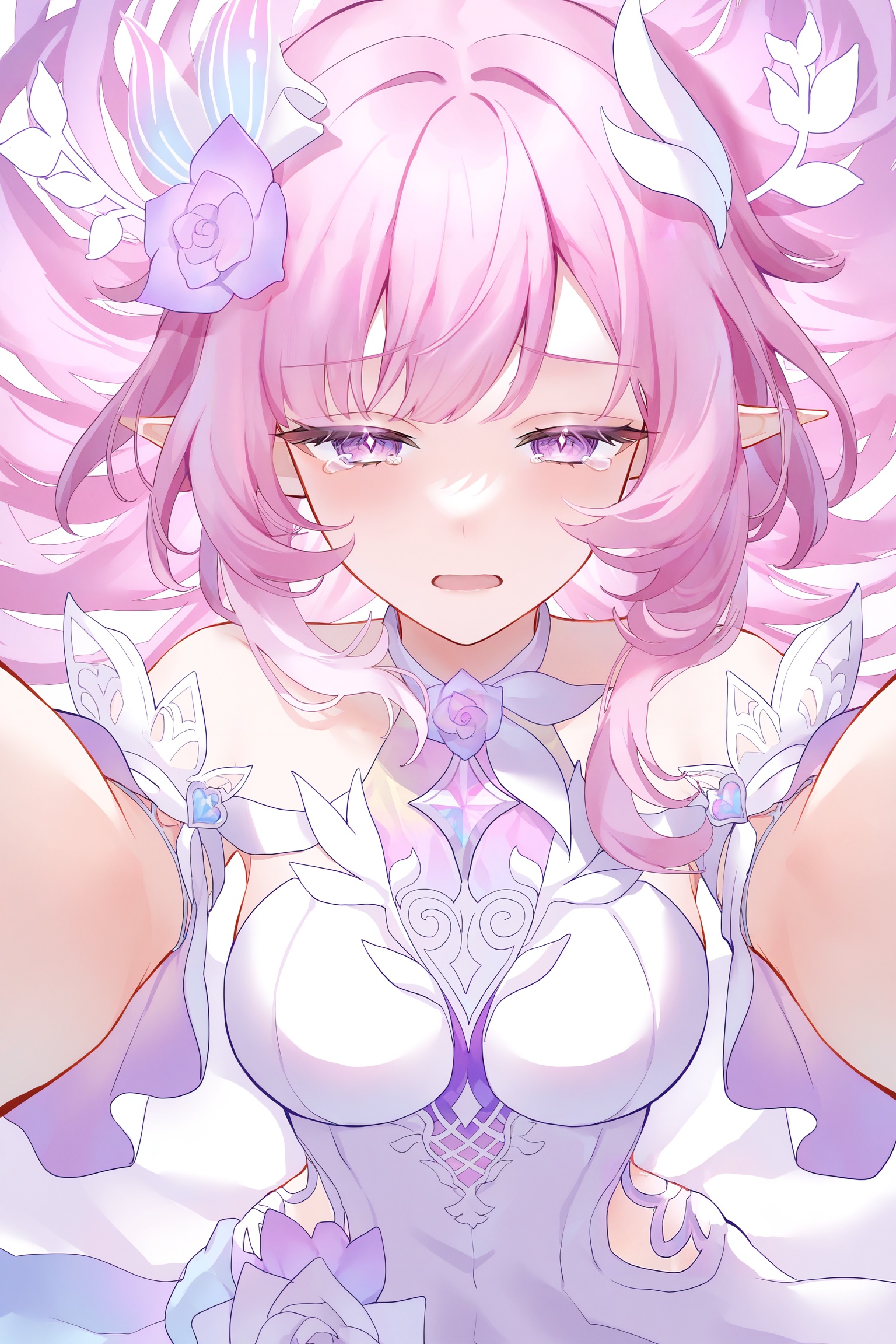 <lora:光辉V1昔涟角色V2:0.8>,xiliajn,1girl,solo,flower,long hair,pink hair,hair ornament,bare shoulders,pointy ears,dress,white dress,pink eyes,purple eyes,elf,hair flower,rose,jewelry,purple flower,white flower,diamond-shaped pupils,<lora:n11espJIMA中后期画风0.1版本XL:0.8>,iahhqxlhf,tears,looking at viewer,pov,close-up,face-to-face,half-closed eyes,half-open mouth,upper body,outstretched arms,