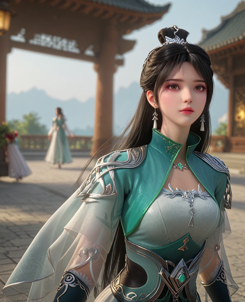 (oriental architecture, elegant decor, sophisticated style:1.1),(running:1.1),(breasts:1.2),<lora:XL百炼成神路人欣欣:0.95>,miss xinxin,black hair,jewelry,dress,earrings,long hair,hair ornament,hair bun,necklace,green dress,brown eye,, zPDXL2, score_9, score_8_up, score_7_up BREAK realistic, masterpiece,best quality, highly detailed,, zPDXL3, zPDXL2,zPDXL, zPDXLxxx, zPDXLrl,