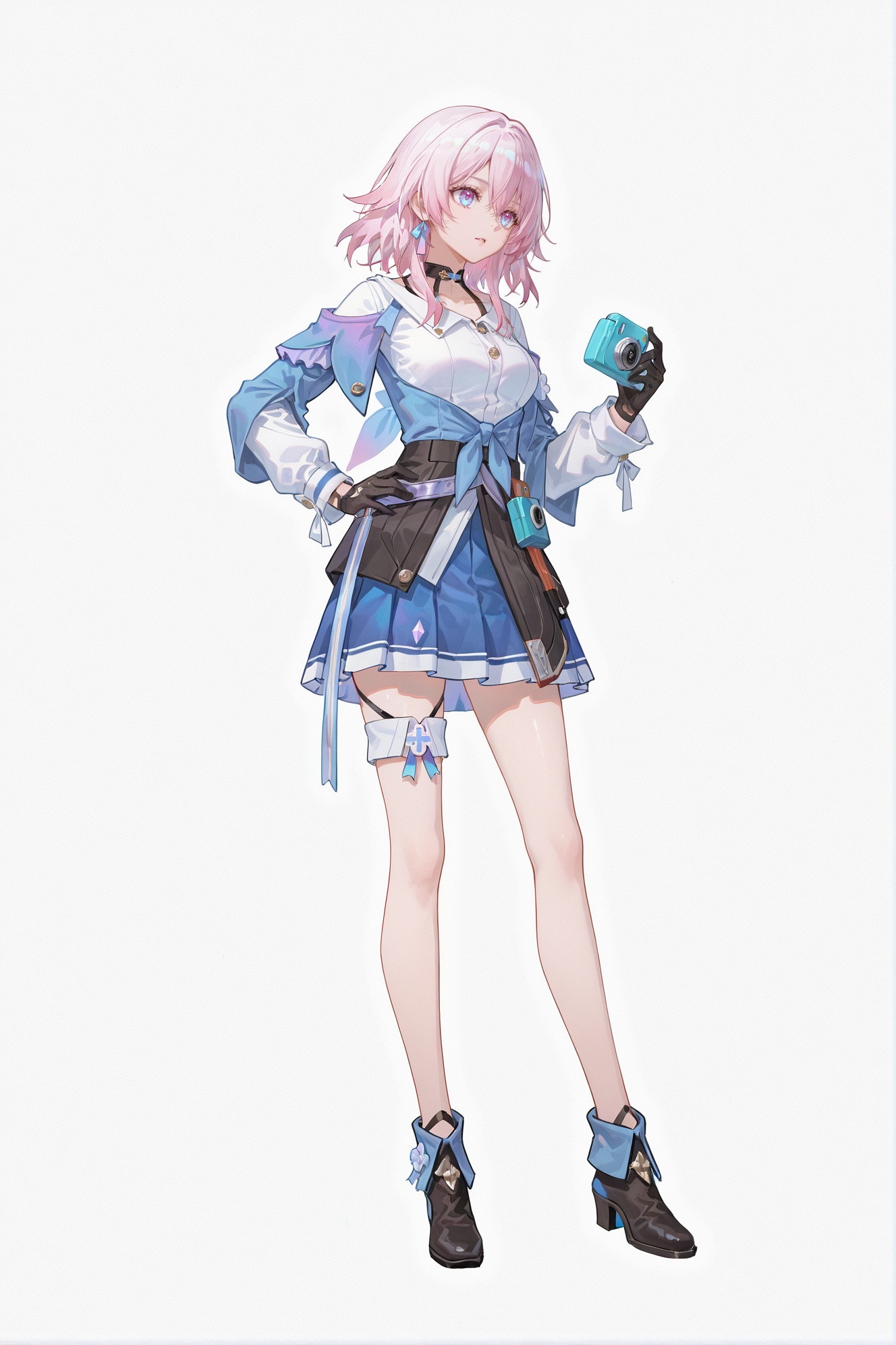 8k,best quality,masterpiece,(ultra-detailed),(high detailed skin),((artist:reoen),(artist:fuzichoco),(artist:atdan),(artist:torino_aqua),year 2024:0.8)1girl,[artist:wlop],[artist:ningen_mame],artist:ciloranko,[[artist:rhasta]],artist:tidsean,colorful,full body,full shot,standing,(solo:1.2),simple background,(white background:1.2),hand on own hip,(white background:1.1),<lora:sanqiall-ill-Tanger-000014:0.8>,March7,March7 \(def\),clothes: def blue-and-white outfit,def blue skirt,def white shirt,def blue jacket,1girl,black gloves,multicolored eyes,black footwear,pink hair,bangs,long sleeves,blue eyes,camera,