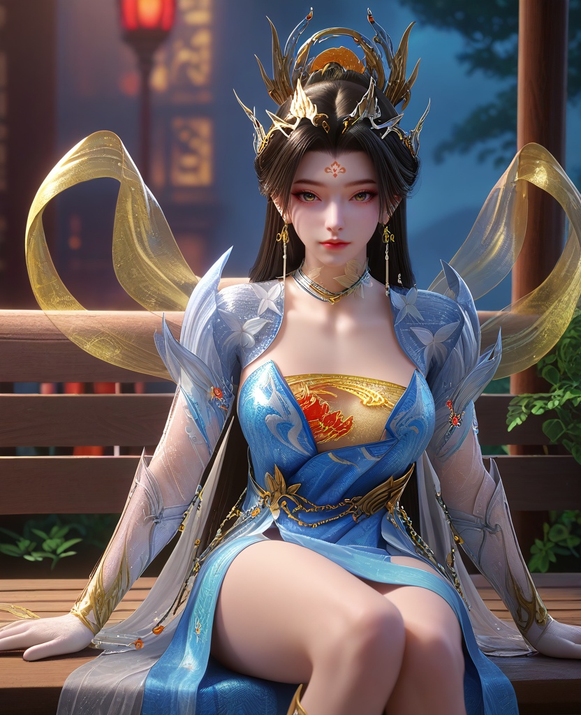 (She sits on a bench, her arms resting on the backrest, looking relaxed.:1.1),looking at viewer,(large breasts:1.2),<lora:XL16云深不知梦炽阳华明蓝色便服:0.95>,miss chiyanghuaming,blue tiered dress,forehead mark,black hair,very long hair,hair ornament,earrings,jewelry,choker,hagoromo,white gloves,yellow sheer bandeau,white overskirt,sash,, score_9,score_8_up,score_7_up,score_6_up,score_5_up,score_4_up,3d rendering,tag1,tag2, Cinematic Lighting,backlighting,