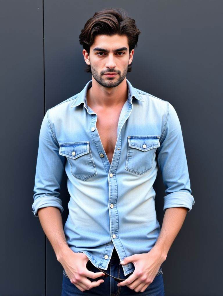 Ferran Torres ,  stands confidently in front of a dark gray wall. He wears a light denim shirt. unbuttoned at the top. rev...