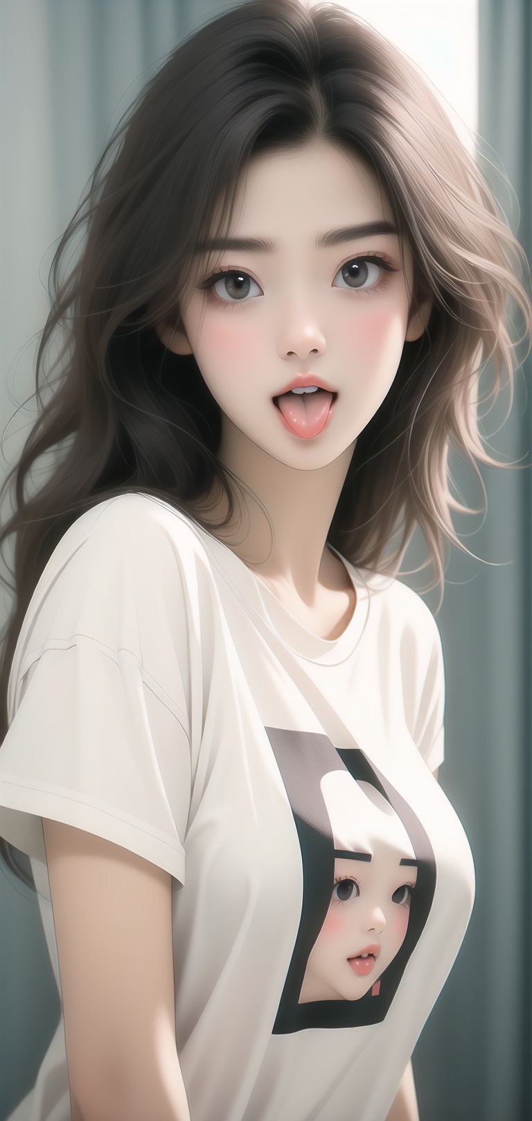 naughty,<lora:俏皮吐舌头:1.1>,tongue out,1girl,((beauty face:0.8)),whole body,t-shirt,