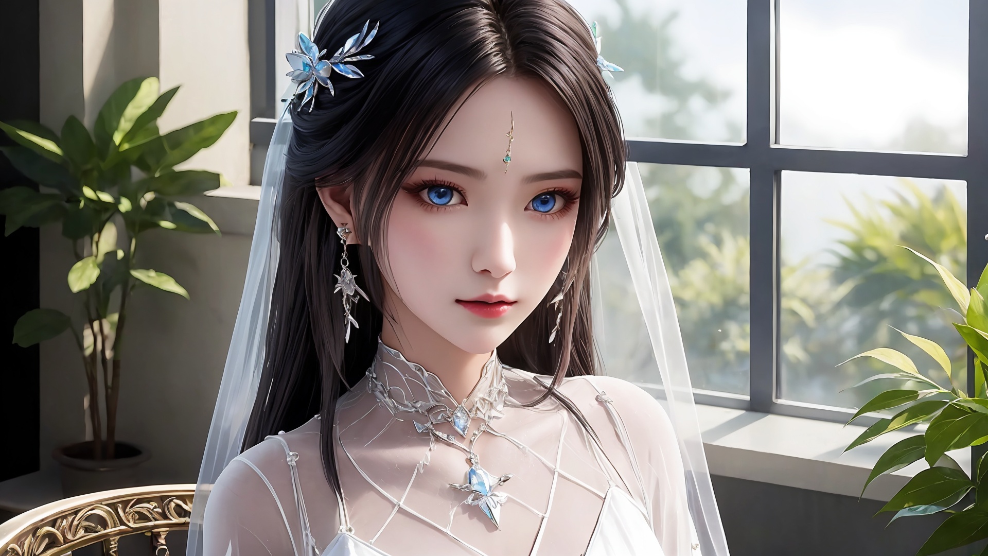 1girl,jewelry,solo,black hair,long hair,earrings,dress,upper body,white dress,veil,indoors,necklace,hair ornament,table,window,looking at viewer,closed mouth,blue eyes,<lora:girl solo luxueqi_20240911015355:0.6>,<lora:SD1.5泛光调节_v1.0:0.5>,