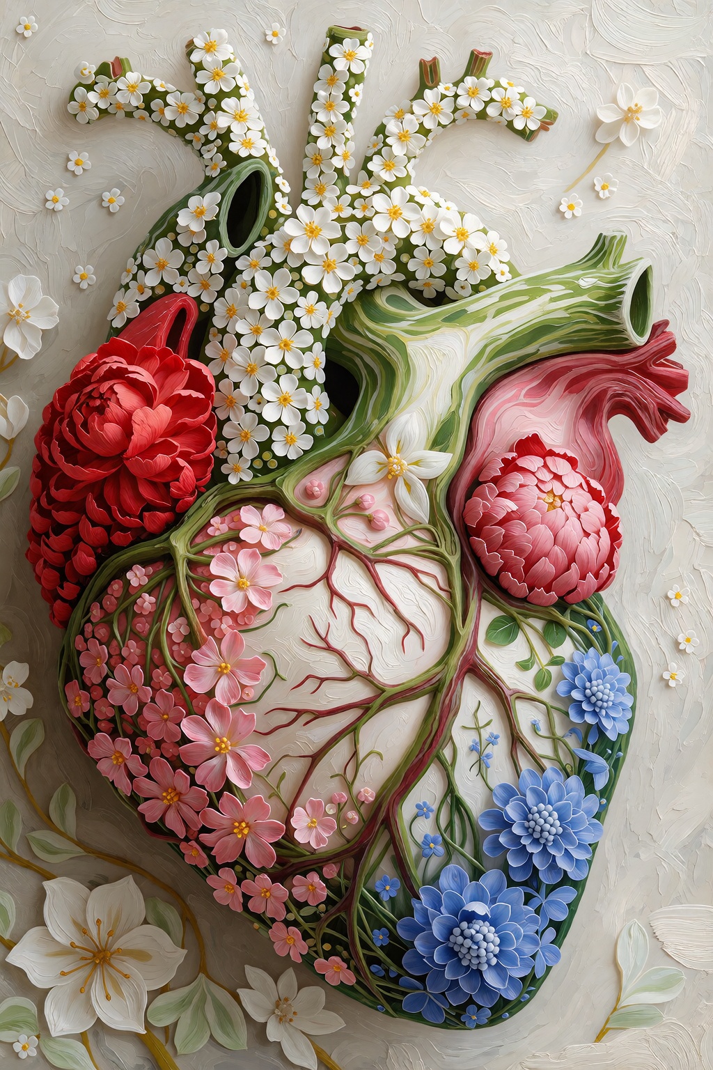 拟人化心脏造型,  内部与表面融合多种花卉（白色碎花、红色牡丹、粉色小花、蓝色绣球等）,  根茎交织缠绕 on Tensor.Art