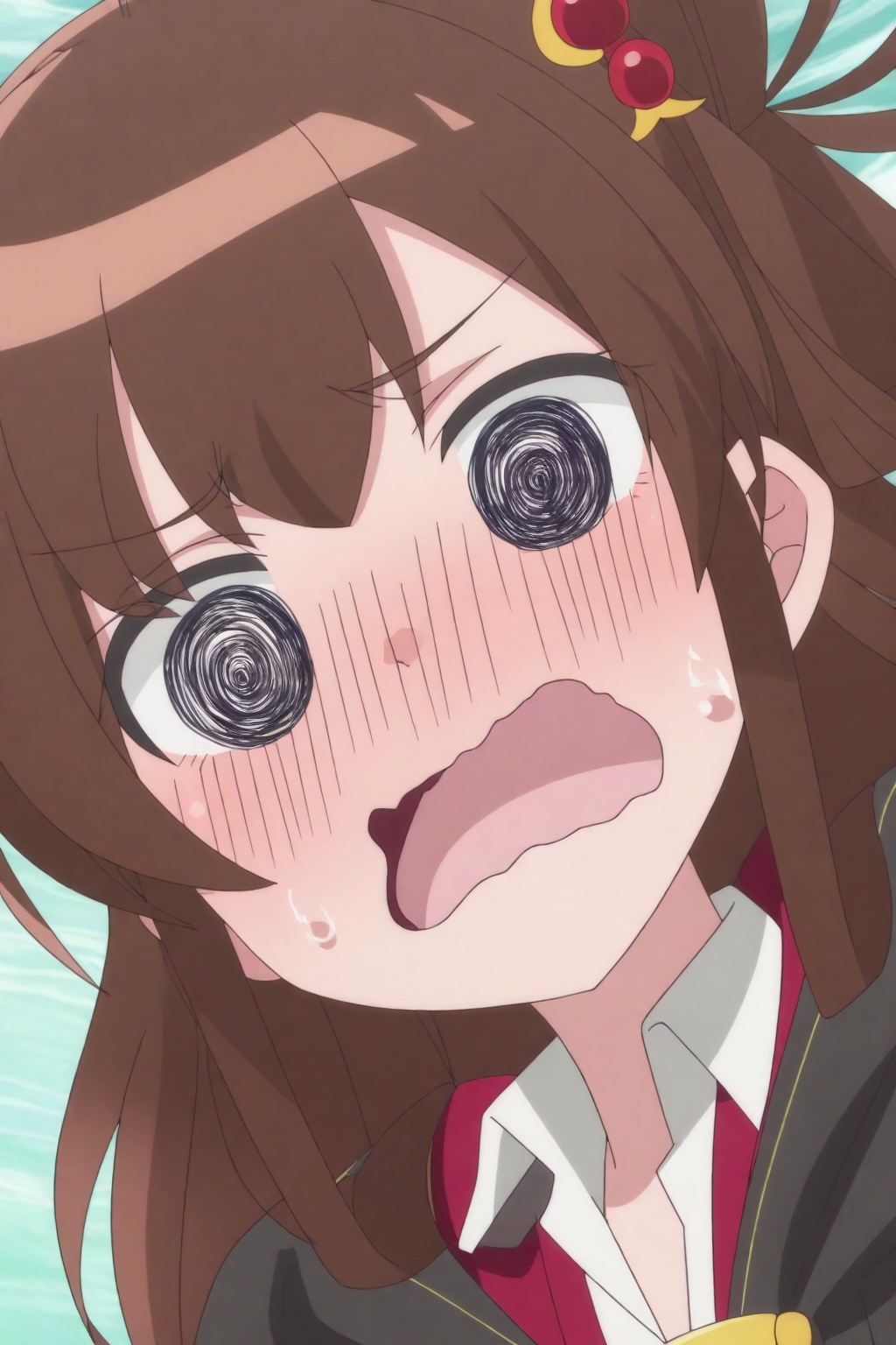 Megu Razuberī,Megu Razuberī, 1girl, brown hair, open mouth, solo, @_@, portrait, parody, sweatdrop, blush