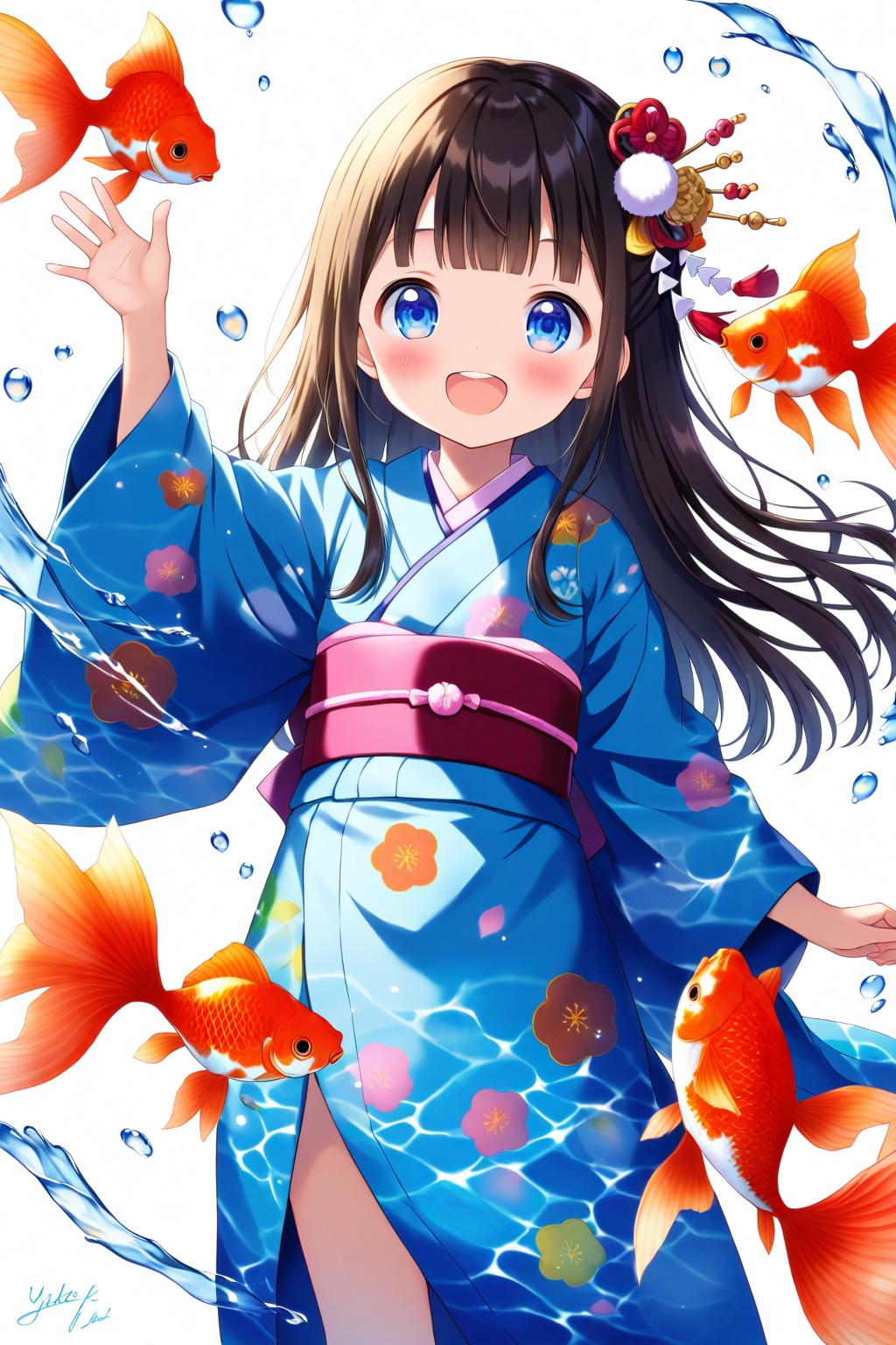 loli,1girl,japanese clothes,goldfish,kimono,fish,long hair,solo,sash,blue eyes,obi,open mouth,water,smile,arm up,white background,wide sleeves,blue kimono,brown hair,hair ornament,looking at viewer,long sleeves,simple background,:d,upper teeth only,teeth,animal,cowboy shot,pom pom (clothes),kanzashi,standing,caustics,print kimono,yukata,obijime,signature,sidelocks,water drop,artist name,pom pom hair ornament,round teeth,blunt bangs,black hair,blush,beads,