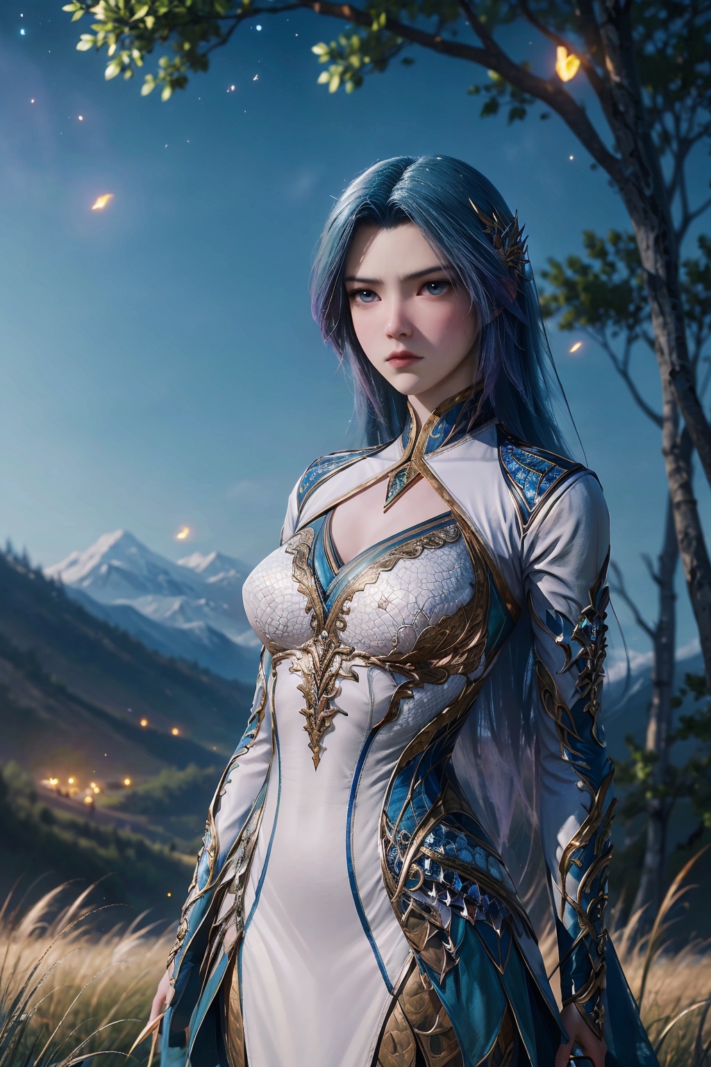 1girl,solo,closed mouth,(hair ornament),jewelry,dress,arms at sides,(looking at viewer),outdoors,((night)),star \(sky\),((tianshan mountain,hulunbuir prairie,grass,landscape)),((sparkle,shiny,fireflies, romance style)),(upper body),3d,game cg,Highly detailed,(best quality:1.5,masterpiece:1.5),<lora:20240929-1727556316199:0.7>,