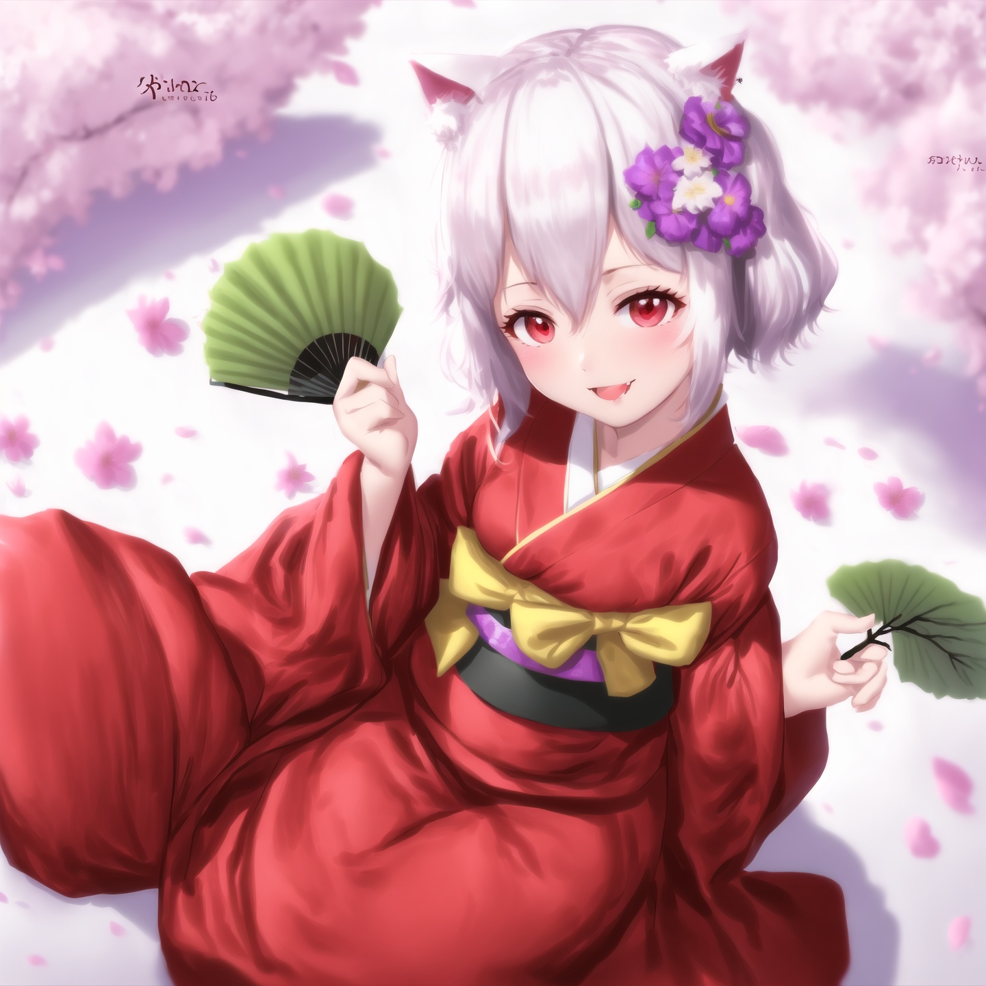 <lora:HAK:1>,cat ears, flowers, white hair, 1girl, solo, looking at viewer, blush, smile, short hair, open mouth, bangs, hair ornament, red eyes, long sleeves, white background, holding, animal ears, hair between eyes, tail, upper body, flower, :d, japanese clothes, fang, hand up, hair flower, kimono, hair bun, blurry, animal ear fluff, petals, single hair bun, white flower, cherry blossoms, hand fan, pink flower, white kimono, folding fan, branch, holding fan, uchikake