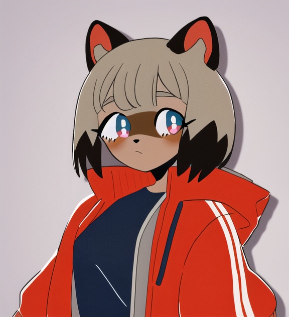 <lora:keke-strong:1> ,    <lora:michiruLora_v2n:0.7> furry raccoon, 1girl, solo, raccoon ears, two-tone hair, (high quality), high res, detailed eyes, detailed shadows, red jacket,  muted color,  dark-skinned female, 