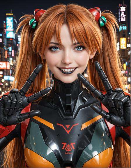 (masterpiece:1.4), (best quality:1.4), (ultra detailed), (extremely detailed), (8k UHD), (sharp focus), (perfect composition), (bokeh),(cinematic lighting:1.3), (dramatic lighting), (studio backlight), (volumetric lighting), (ray tracing), (global illumination), (depth of field),(detailed),photorealistic, realistic, hyperrealistic, ultrarealistic, real skin, pore details, realistic skin, ultra-detailed skin, ultra-detailed face, beautiful face, perfect face, perfect eyes, ultra-detailed beautiful eyes,ultradetailed foreground, hyperdetailed foreground,(1girl:1.3), (absurdly adorable and incredibly beautiful ((asian emo goth)) fashion student from tokyo),solo, (souryuu asuka langley:1.4), (very long red twintail hair, hair ornaments:1.3), emo goth makeup, heavy eyeshadow, heavy mascara, black lipstick, black makeup, (deathscythe gundam eva 02 cybernetic demon fusion biomechanical body:1.2), (realistic hyperdetailed beautiful eyes with intense yandere trance expression, yandere smile, beautiful crazy smile), (looking at viewer), (symbiotic neural interface), (detailed facial expression), (EVA-02 deathscythe gundam demon fusion hybridization:1.2), (neon genesis evangelion),(mobile suit gundam), (deathscythe gundam:1.2), (berserk mode), (advanced deathscythe gundam eva 02 fusion armor:1.4), (glowing red-gold mechanical plating, intricate deathscythe gundam eva 02 gundanium fusion armor), (arm blades, back-mounted mechanical energy wings), (articulated mechanical limbs),ultradetailed background, hyperdetailed background,outskirts of futuristic city, mountains, green fields, city in distance, (neo-Tokyo cyberpunk skyline), (vibrant neon cityscape),(cinematic scope)(dynamic mid-combat pose),(double v), full shot,