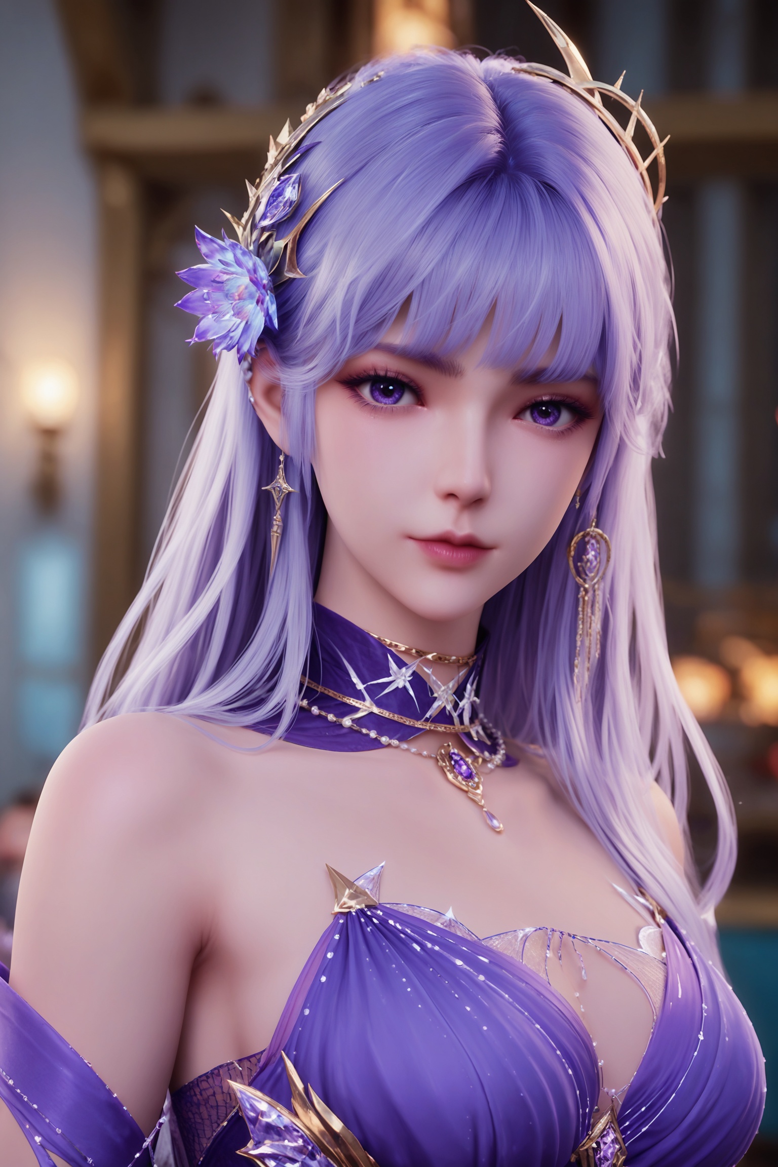 realistic style photo outstanding style,tall,cute,in her teens. Use soft lighting to cast gentle shadows on the subject,adding a touch of dimension to your images without compromising details,score_9,score_8_up,score_7_up,looking at viewer,upper body,<lora:神印王座-圣采儿Pony-重置版:0.65>,long flowing lavender hair adorned with a delicate flower and a golden headpiece.mysterious purple eyes,delicate eyeliner and a hint of mascara,a stunning,intricate,purple dress with a deep V-neckline and a corseted bodice.,