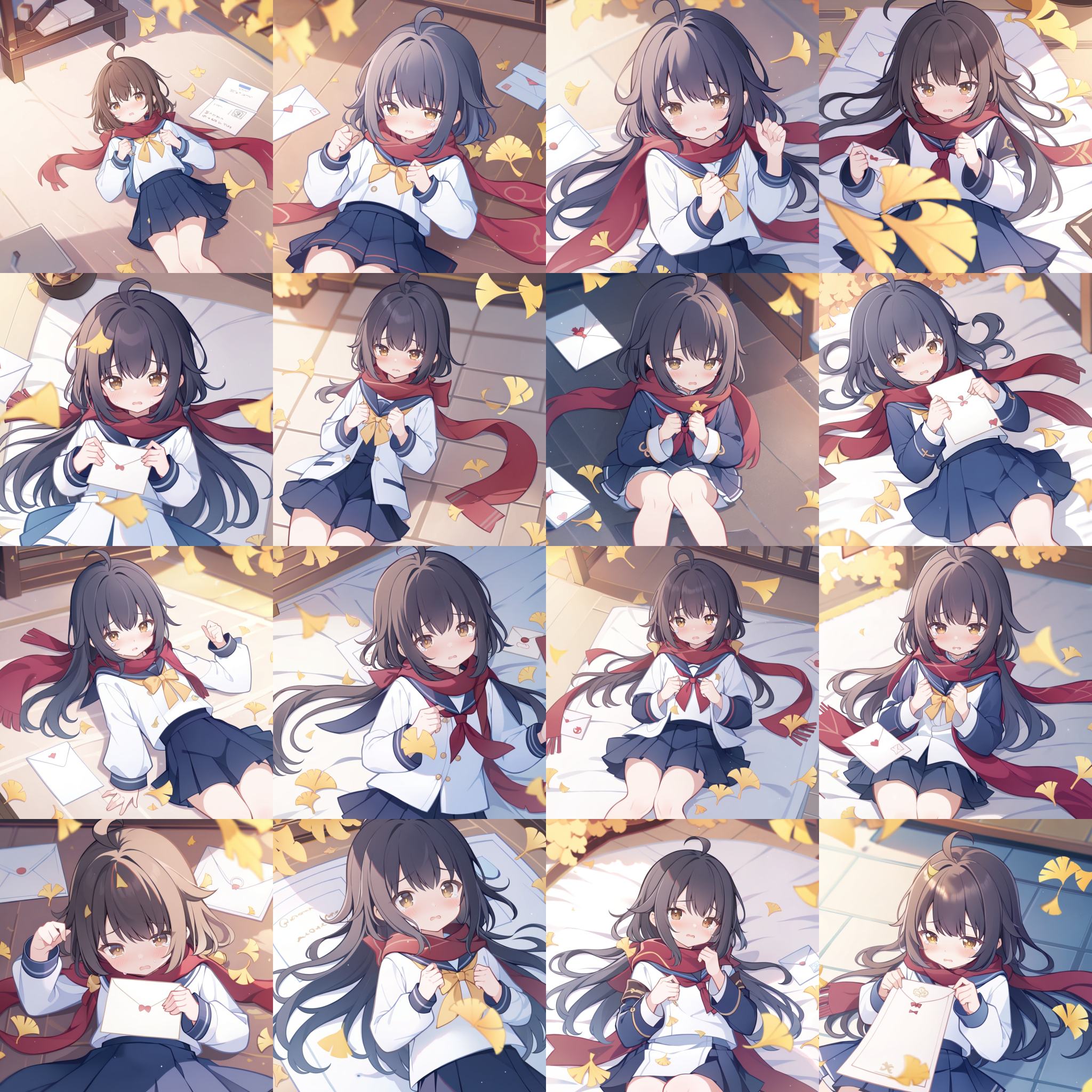masterpiece,best quality,loli,1girl,solo,school uniform,skirt,scarf,lying,serafuku,on back,long sleeves,autumn,blue skirt,looking at viewer,sailor collar,bow,brown eyes,long hair,tears,autumn leaves,bangs,blue sailor collar,shirt,parted lips,pleated skirt,white shirt,envelope,ahoge,blurry,red scarf,black hair,crying,leaf,letter,crying with eyes open,yellow bow,outdoors,brown hair,bowtie,ginkgo leaf,from above,tearing up,blush,<lora:liyueFP8-000002:0.8>,