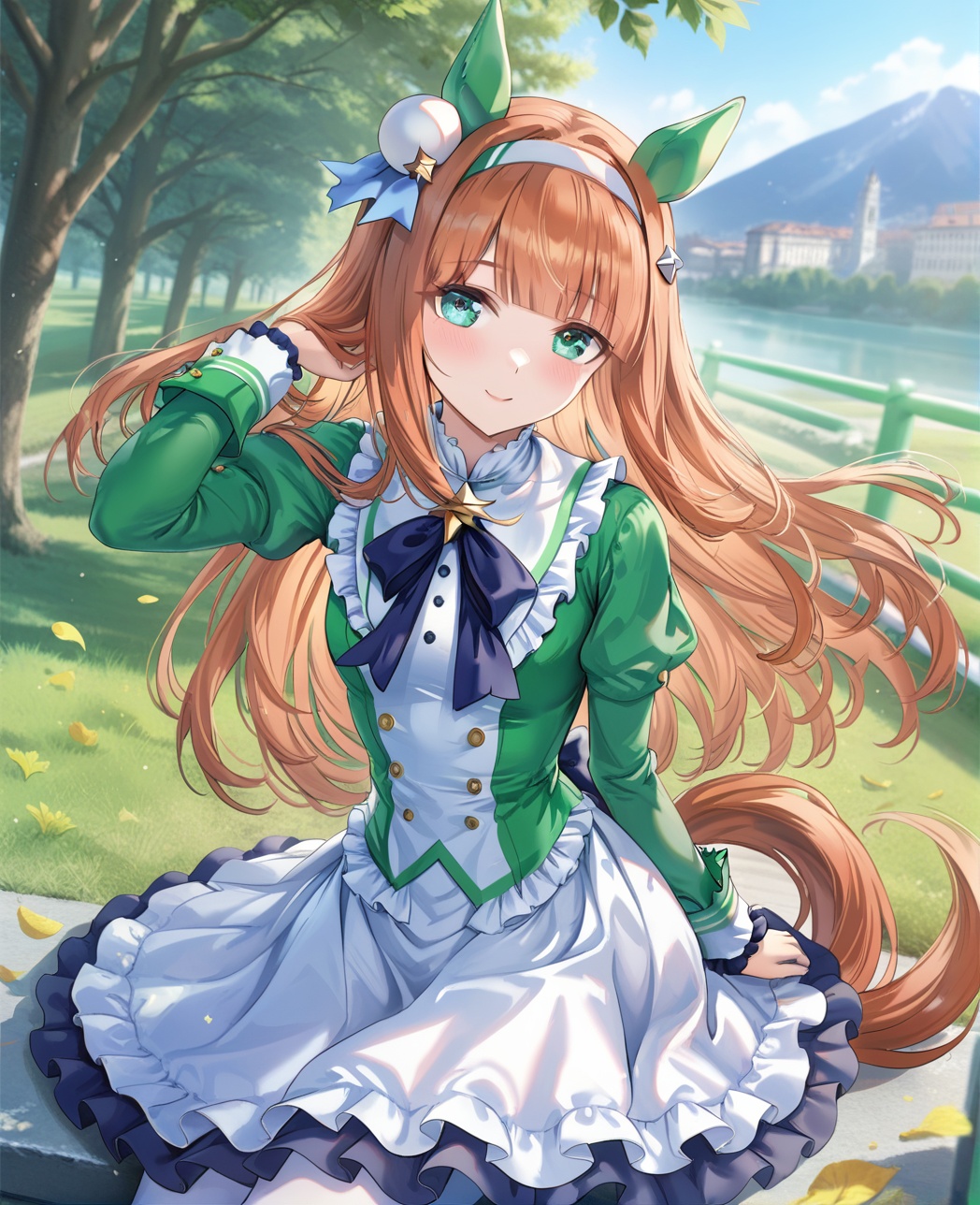 0,jw,Torino,Noyu,1girl, silence suzuka (umamusume), horse ears, animal ears, long hair, orange hair, solo, dress, horse girl, smile, white dress, hairband, horse tail, tail, bangs, white hairband, long sleeves, outdoors, neck ribbon, green eyes, ground vehicle, blush, ear covers, sitting, ribbon, closed mouth, wind, frills, sky, hand in own hair,(UHD),anatomically correct,accurate,textured skin,super detail,high details,award-winning,best quality,high quality,retina,16k,HD,1080P,8k,