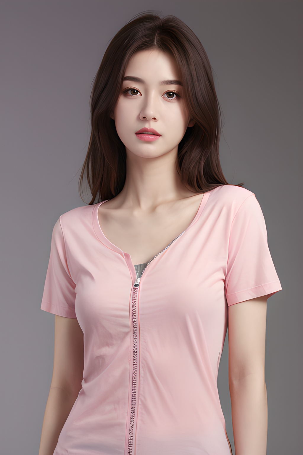 <lora:0816_10:0.7>,partially_unzipped,pink,short sleeve T-shirts,simple background,, 1girl,realistic,masterpiece, best quality, photorealistic, HDR,detail