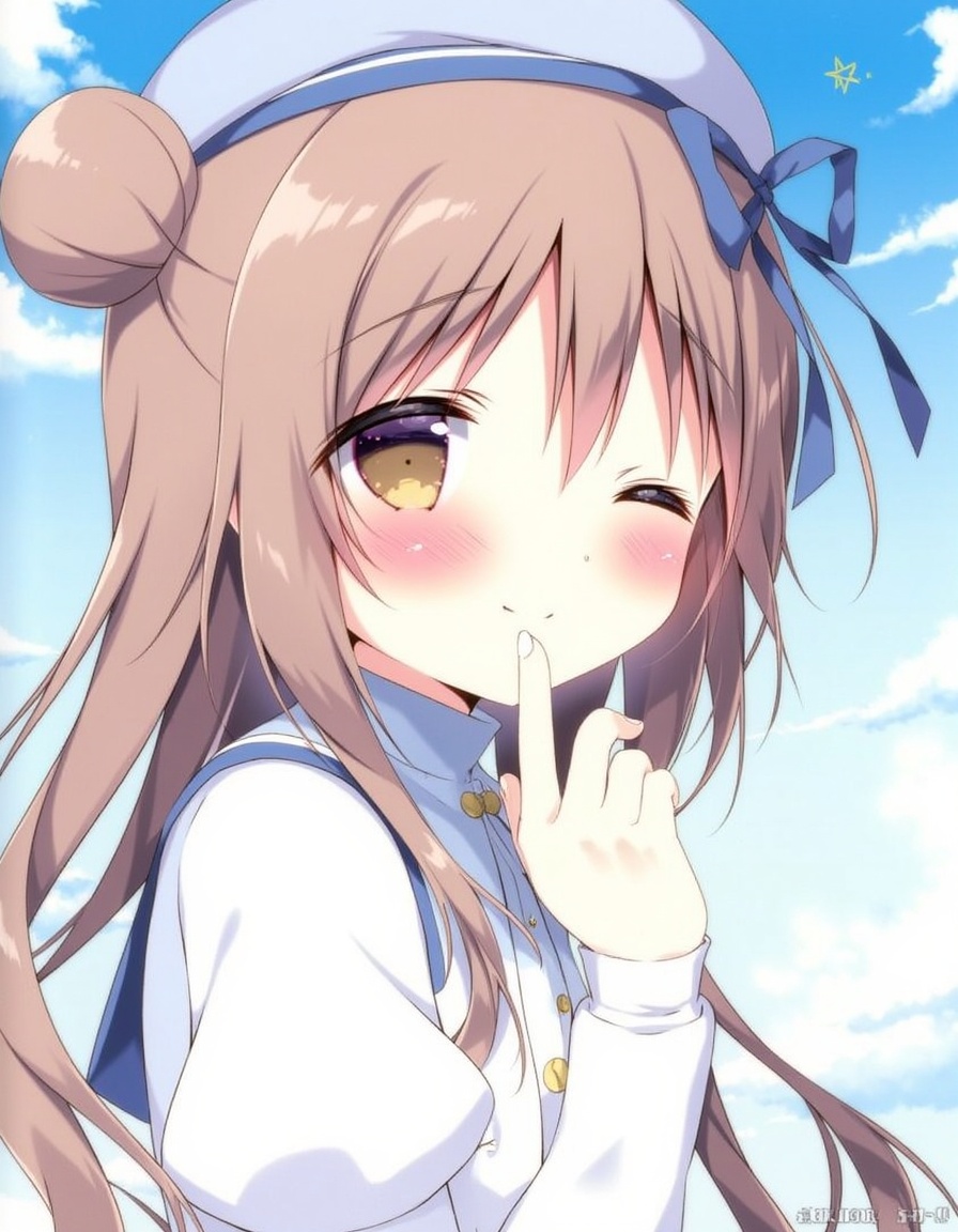 shiratama_(shiratamaco), absurdres, highres, non-web_source, scan, 1girl, ;), artist_name, blue_hat, blush, brown_eyes, brown_hair, character_name, closed_mouth, hair_between_eyes, hair_bun, hand_up, hat, index_finger_raised, jacket, juliet_sleeves, long_hair, long_sleeves, looking_at_viewer, one_eye_closed, page_number, puffy_sleeves, shirt, single_side_bun, sky, smile, solo, star_(symbol), upper_body, white_jacket, zoom_layer, karuha_(hoshishiro), comiket_103, hoshizora_tetsudou_to_shiro_no_tabi, year_2024,, <lora:flux-Shiratamaco-000008:1>