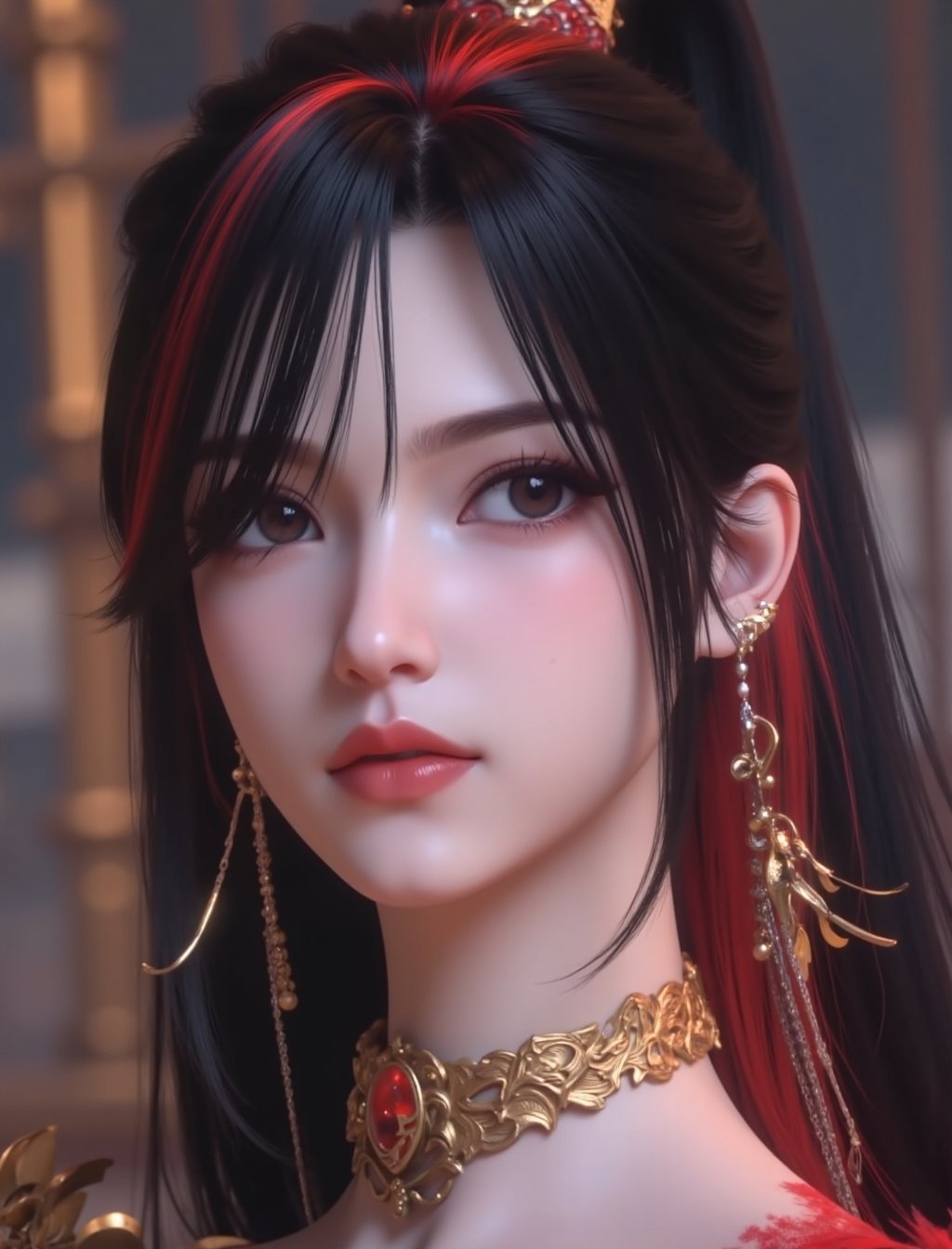 , ultra-high resolution,32K UHD,sharp,,close ,face portrait,,small breasts,small breasts,small breasts,small breasts,small breasts,small breasts, <lora:赵襄儿flux-lora-000013:1>1girl, zhaoxianger, solo, portrait, realistic, black hair, multicolored hair, earrings, jewelry, streaked hair, long hair, blurry background, blurry, red hair <lora:滤镜flux-lora-000020:0.4> lvjing