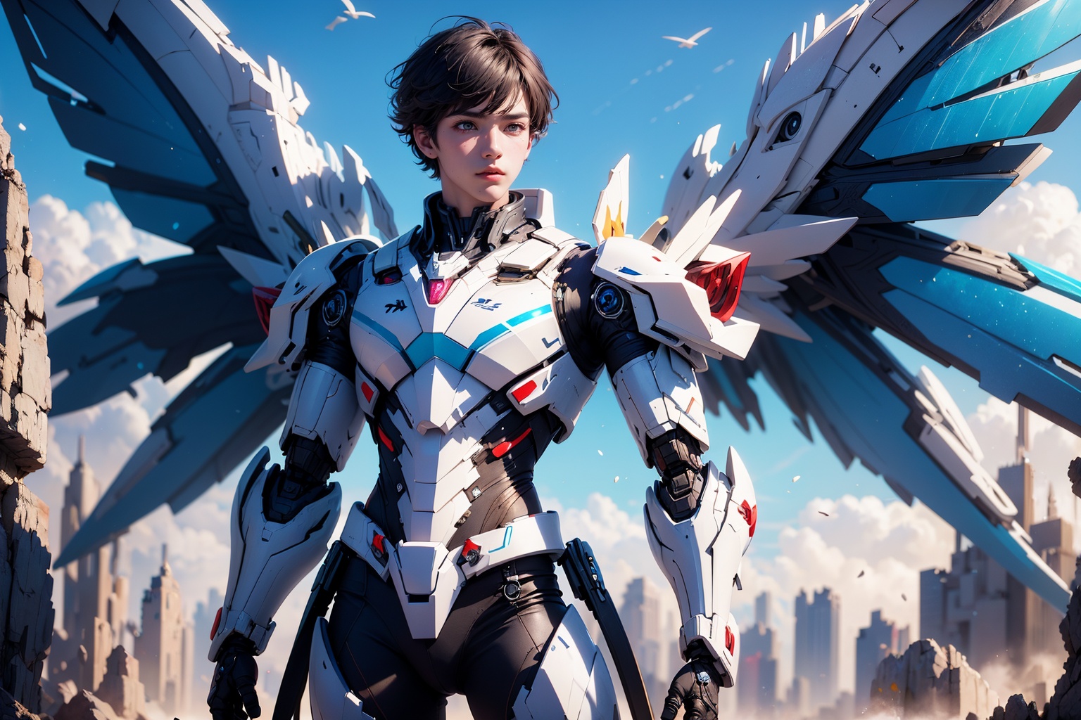 1boy,concept artwork,black hair,(a lonely solo boy:1.4),sky,wing,wings with fans,graphics card fan,strong male mecha warrior,mighty and domineering,cool mecha,32k,blue and white color scheme,white armor,white_background,standing,cowboy_shot,<lora:ASuo_v1:1>,