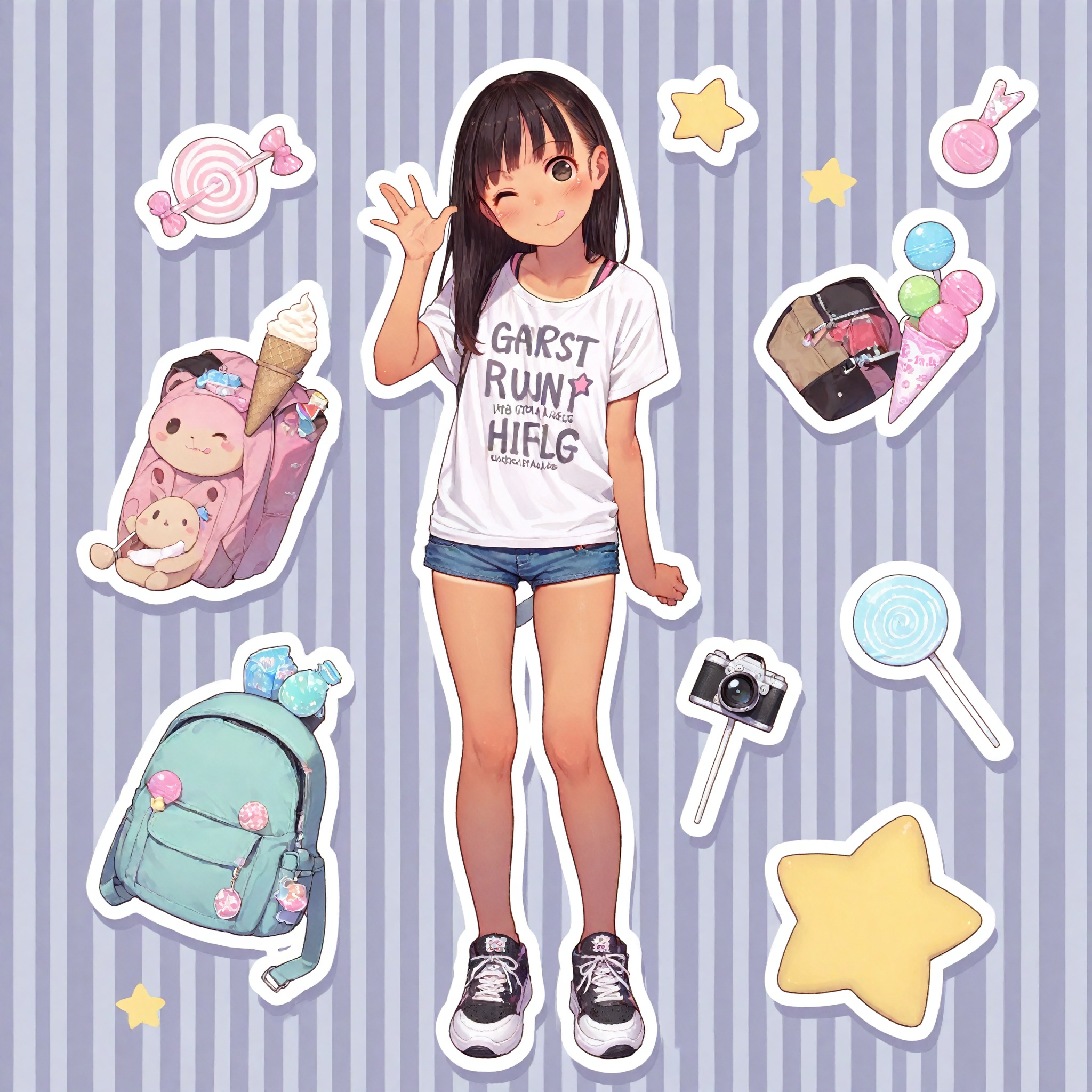 masterpiece,best quality,amazing quality,1girl,solo,food,tongue out,tongue,one eye closed,long hair,shirt,striped background,bag,shoes,striped,shorts,white shirt,;q,full body,camera,short sleeves,candy,standing,looking at viewer,star (symbol),lollipop,short shorts,ice cream,denim,head tilt,blue shorts,black hair,backpack,denim shorts,smile,bangs,:q,sneakers,bottle,brown eyes,tan,t-shirt,vertical stripes,bare legs,closed mouth,brown hair,hand up,outline,clothes writing,print shirt,blush,diagonal stripes,<lora:MUK_style_v1:0.7>,