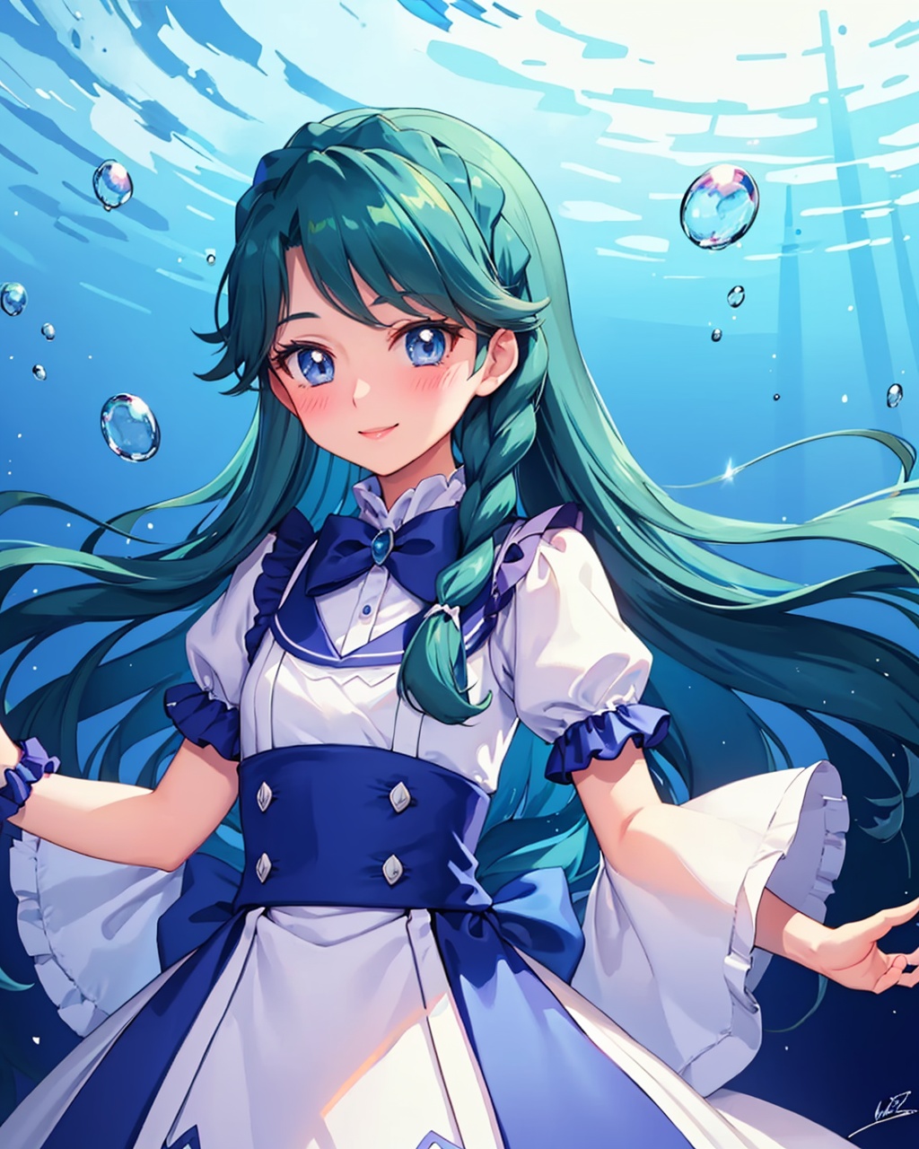 masterpiece,best quality, highly detailed, kaidou minami,1girl, pokemon (creature), smile, underwater, braid, signature, blush, air bubble, dress, water, crossover,<lora:kaidou_minami:1>