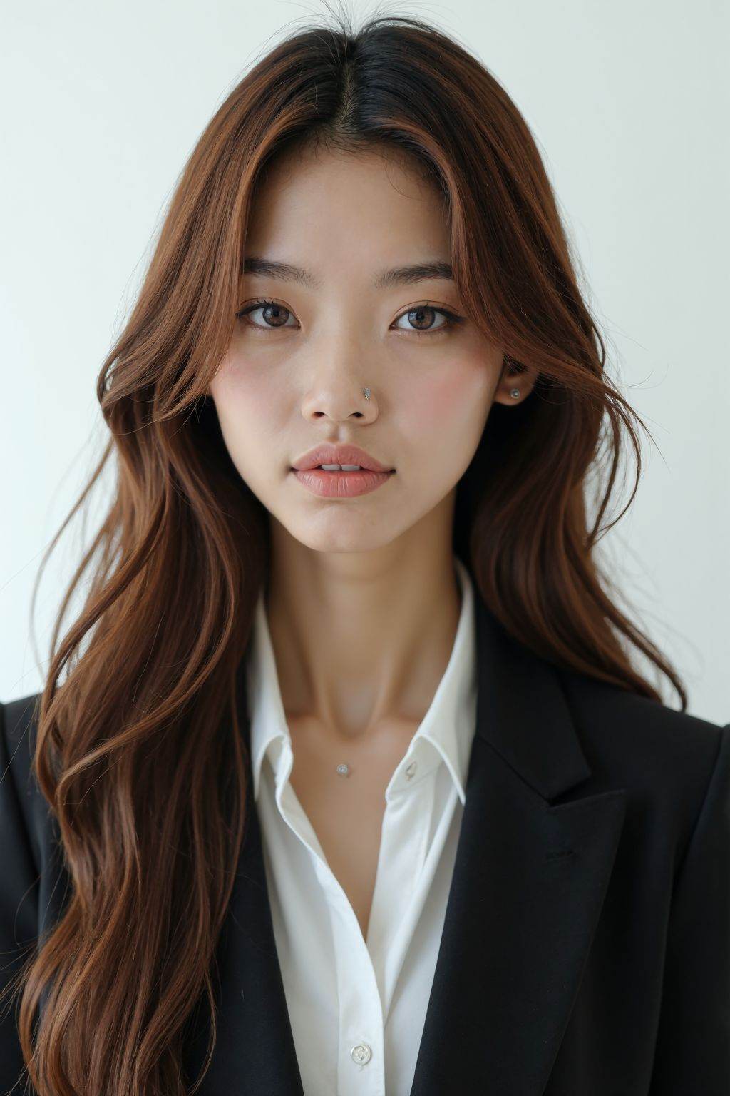 HDR photo of cinematic film still,  This is a photo of a young woman with long brown hair. He is wearing a black suit,  wh...
