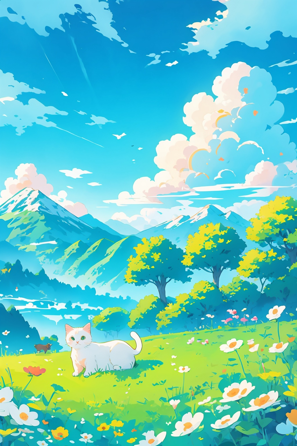 masterpiece, best quality, illustration, flower, outdoors, sky, day, cloud, tree, blue_sky, 1girl, cat, grass, nature, scenery, mountain, animal_focus