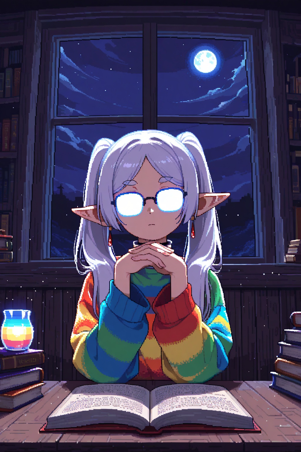1girl,frieren,long hair,gendou pose,upper body,rainbow sweater,opaque glasses,facing viewer,indoors,moon,cloud,night,pixel art,masterpiece,book,glowing glasses,light particles,own hands clasped,