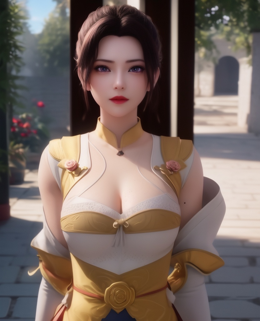 <lora:614-DA-炼气十万年-朴灵儿:0.8>(,1girl, ,best quality, ),looking at viewer,masterpiece, (( , )),, realistic,science fiction,mole, ultra realistic 8k cg, sun ,  rose,(cleavage), (),