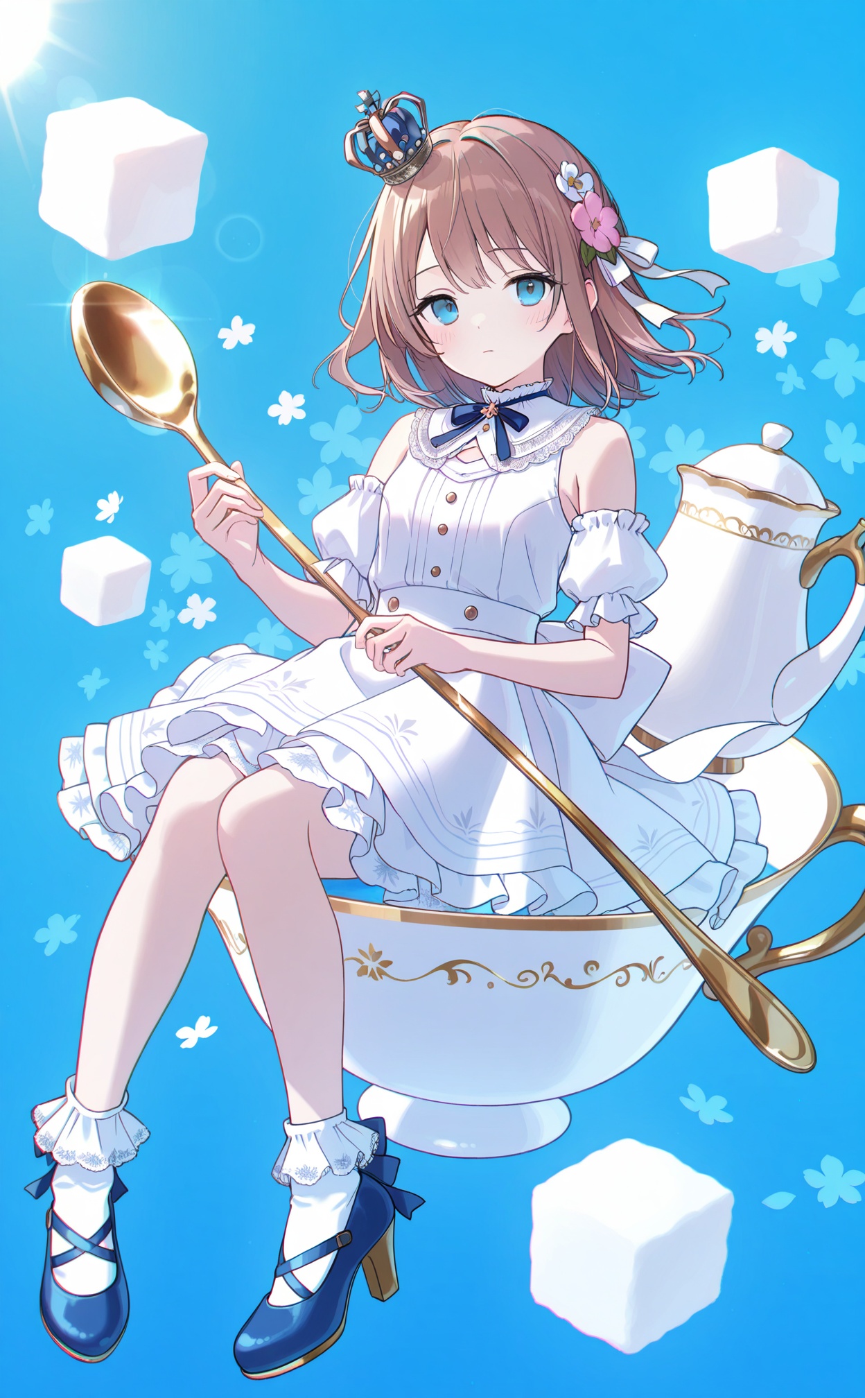 masterpiece,very aware,(highres),absurdres,newest,best quality,high quality,chromatic_aberration,White Theme,lightblue Theme,//,sugar cube, 1girl, spoon, flower, crown, dress, watercolor (medium), blue eyes, white dress, painting (medium), traditional media, ribbon, frills, holding, cup, solo, looking at viewer, frilled socks, socks, holding spoon, white socks, detached sleeves, oversized object, frilled dress, teacup, full body, blue ribbon, white flower, high heels, mini crown, sleeveless, sleeveless dress, frilled sleeves, white ribbon, puffy sleeves, teapot, short hair, blue footwear, hair ornament, lace trim, ankle socks, blush, medium hair, knees together feet apart, hair flower, floating, bow, marker (medium), pink flower, short sleeves, hair ribbon, white bow, tea, light brown hair, bare shoulders, lace, shoes, back bow, tilted headwear, puffy short sleeves, closed mouth, cube, buttons, bobby socks, blue background, expressionless, brown hair, white sleeves, floral background, lace-trimmed dress//,absurdres,newest,very aesthetic,amazing quality,highres,sensitive,ultra detailed,best anatomy,HDR,8K,high detail RAW color art,high contrast,illustration,depth of field,(colorful),phenomenal aesthetic,detailed light,blurred picture,Tyndall effect,contrast,lens flare,cinematic lighting,//,<lora:timmoo——【noob】hans:1>,