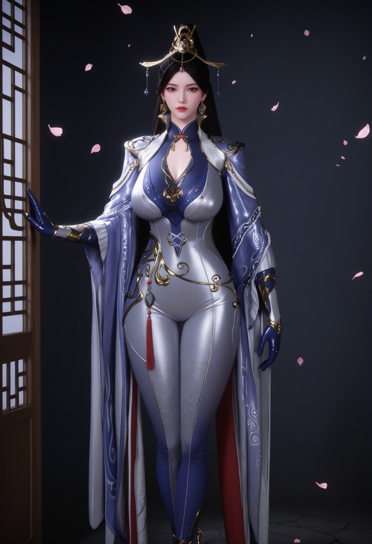 (full_body:1.2),(gigantic breasts:0.6),Perky boobs,(looking at viewer:1.1),facing viewer,direct gaze,(masterpiece:1.1),(best quality:1.2),(intricate details),(smog:1.3),(Dark room:1.3),(dim lighting:1.3),peach blossom,falling petals,<lora:YQ_Illustrious光辉v5_秋清儿_V1:0.8>,1girl,q1528437228,solo,black hair,jewelry,earrings,long hair,hair ornament,ponytail,dress,gloves,chinese clothes,bodysuit,black eyes,cape,high heels,pantyhose,masterpiece,(best quality),(intricate details:0.9) BREAK (intricate details:0.9),(realistic skin:1.2),masterpiece,best quality,newest,absurdres,hiahres,