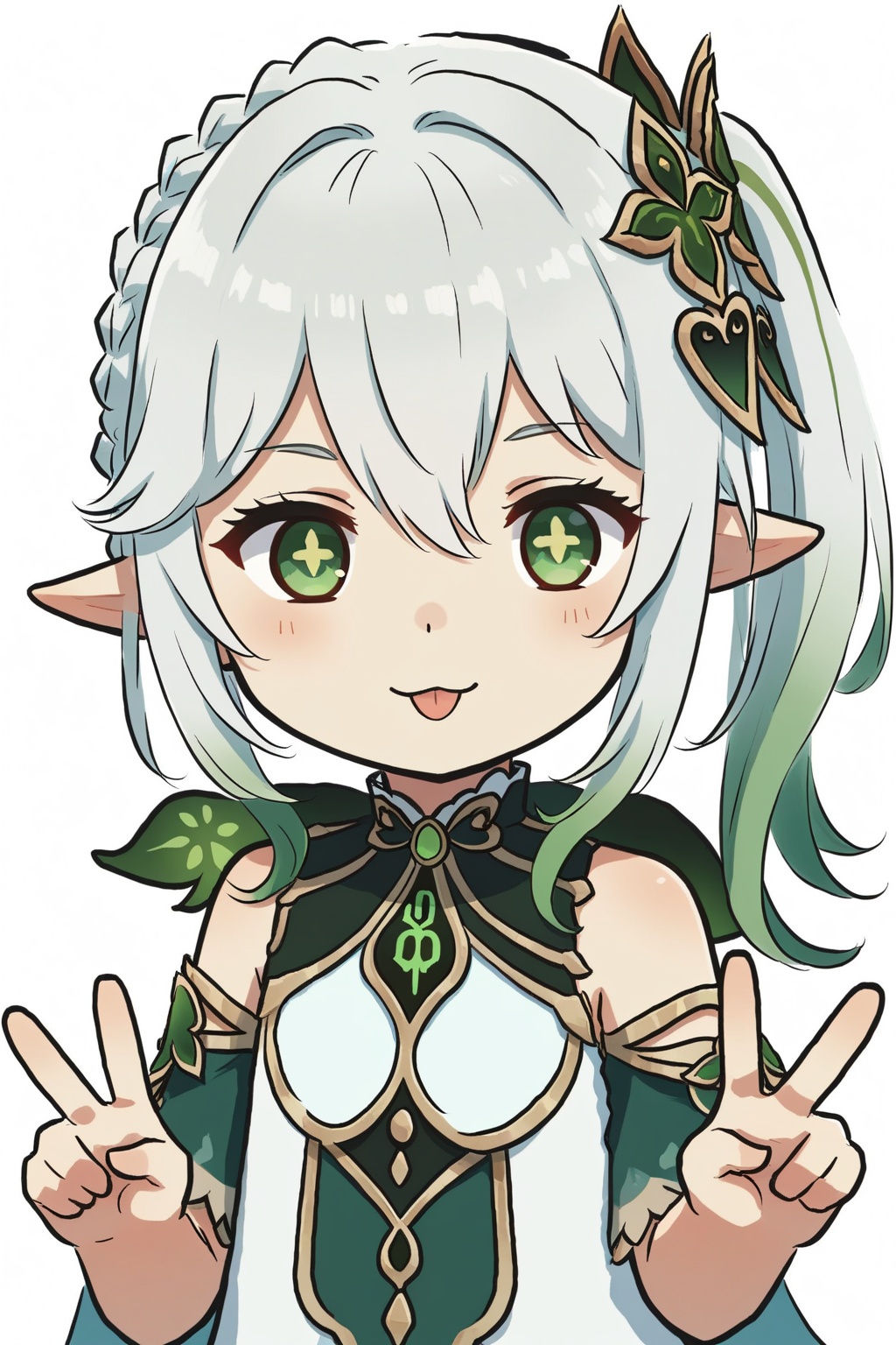 xinzoruo, 1girl, solo, long hair, looking at viewer, blush, smile, bangs, simple background, hair ornament, white background, hair between eyes, green eyes, braid, white hair, sidelocks, multicolored hair, green hair, tongue, pointy ears, tongue out, side ponytail, symbol-shaped pupils, v, gradient hair, :p, double v, female child, nahida \(genshin impact\)