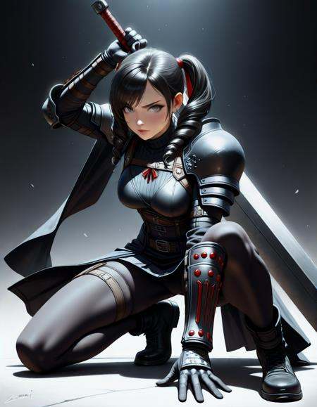 masterpiece, best_quality, very_aesthetic, highres, absurdres, ultra detailed,, twin drills hair, silver eyes,   ,by zumi_\(zumidraws\), Eisaku Kubonouchi,<lora:negXL:0.5> <lora:buster_sword_IL:1> holding  buster sword,huge weapon, final fantasy vii,final fantasy vii remake,  longsword held in high guard, shortsword and buckler stance, berserker scream pose 