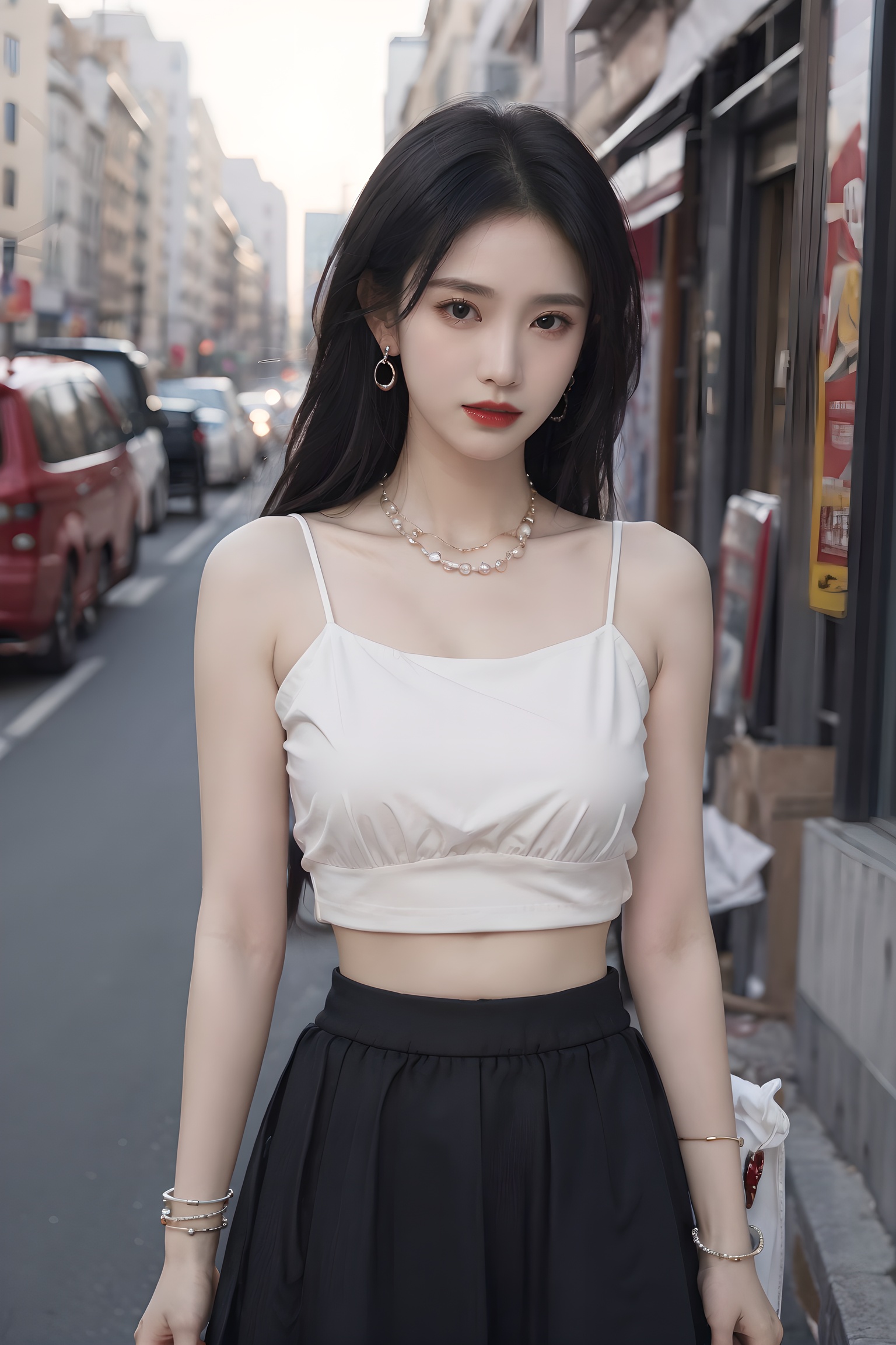 dzf,1girl,solo,long hair,outdoors,roof,up_body,street,at sunset,looking at viewer,skirt,black hair,hair ornament,big tits,bare shoulders,jewelry,standing,collarbone,cowboy shot,earrings,parted lips,midriff,necklace,blurry,bracelet,lips,crop top,makeup,depth of field,blurry background,beads,long skirt,red lips,bangle,bead bracelet,<lora:减少AI感:0.35>,<lora:20240212-1707682573619:0.25>,<lora:abel好看的姿势:0.35>,<lora:abel光艺术:0.25>,
