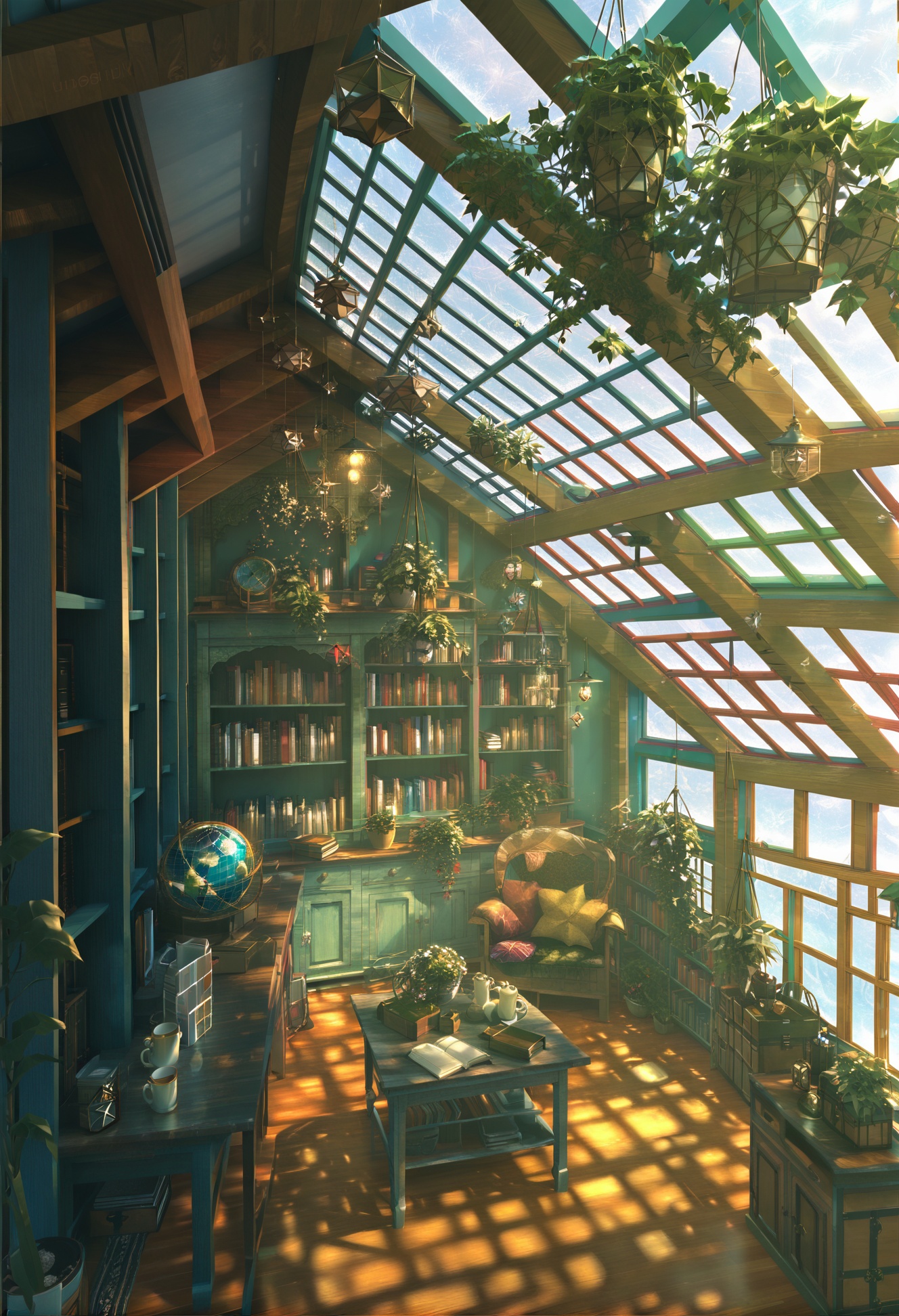 masterpiece, best quality,   no humans, scenery, bookshelf, book, plant, lamp, indoors, window, chair, shelf, table, potted plant, bottle, wooden floor, cup, box, curtains, mug, day, open drawer, shade, scroll, basket, light particles, desk, book stack, hanging scroll, handshake, pen, trash can, railing, chandelier, globe, shadow, sunlight, cabinet, bag <lora:YuuXLlokr8f-000186:0.95>